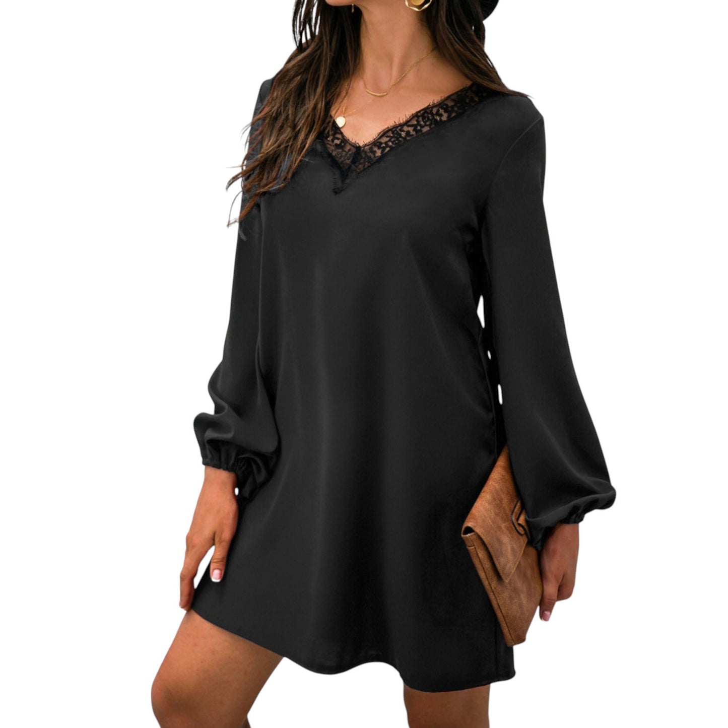 Anna-Kaci Women's Long Sleeve Mini Shift Dress with V-Neckline and Lace Trim Detail
