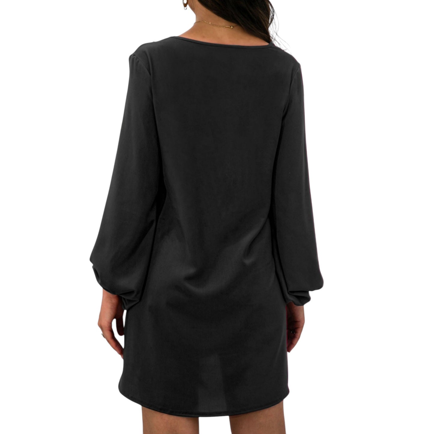 Anna-Kaci Women's Long Sleeve Mini Shift Dress with V-Neckline and Lace Trim Detail