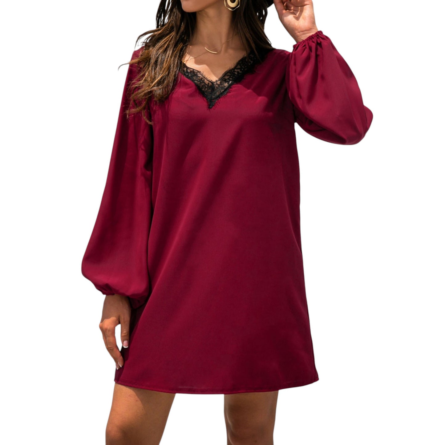 Anna-Kaci Women's Long Sleeve Mini Shift Dress with V-Neckline and Lace Trim Detail