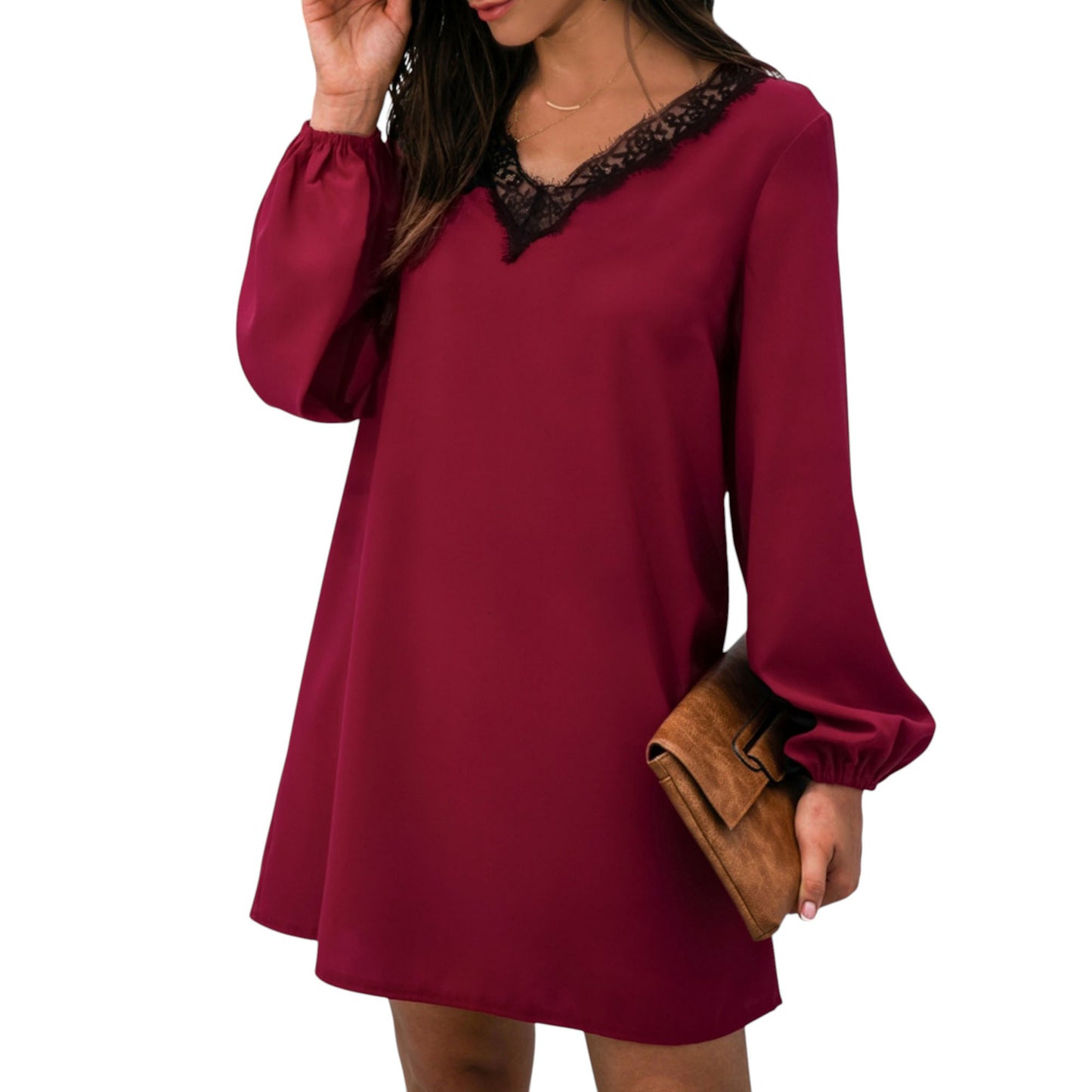 Anna-Kaci Women's Long Sleeve Mini Shift Dress with V-Neckline and Lace Trim Detail