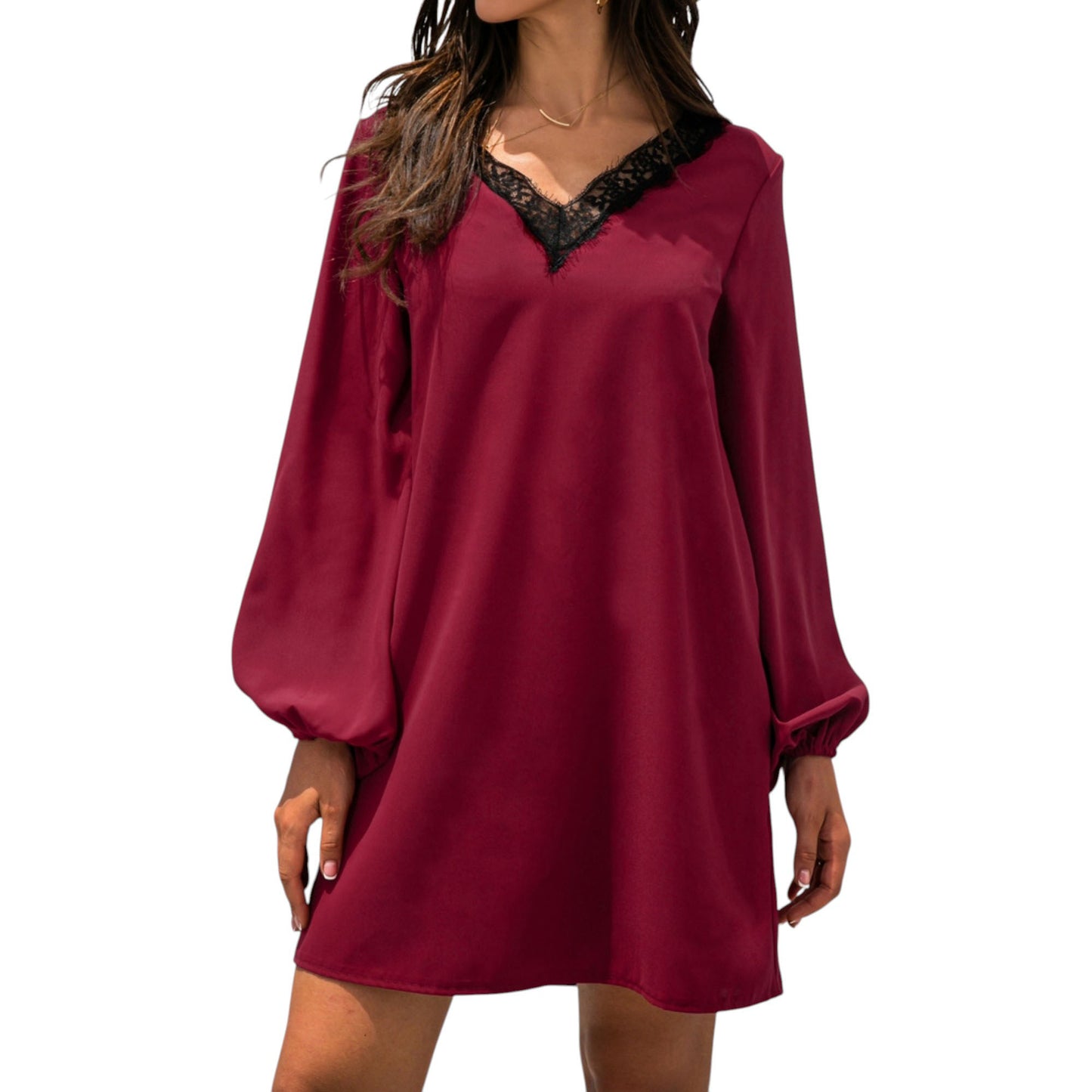 Anna-Kaci Women's Long Sleeve Mini Shift Dress with V-Neckline and Lace Trim Detail