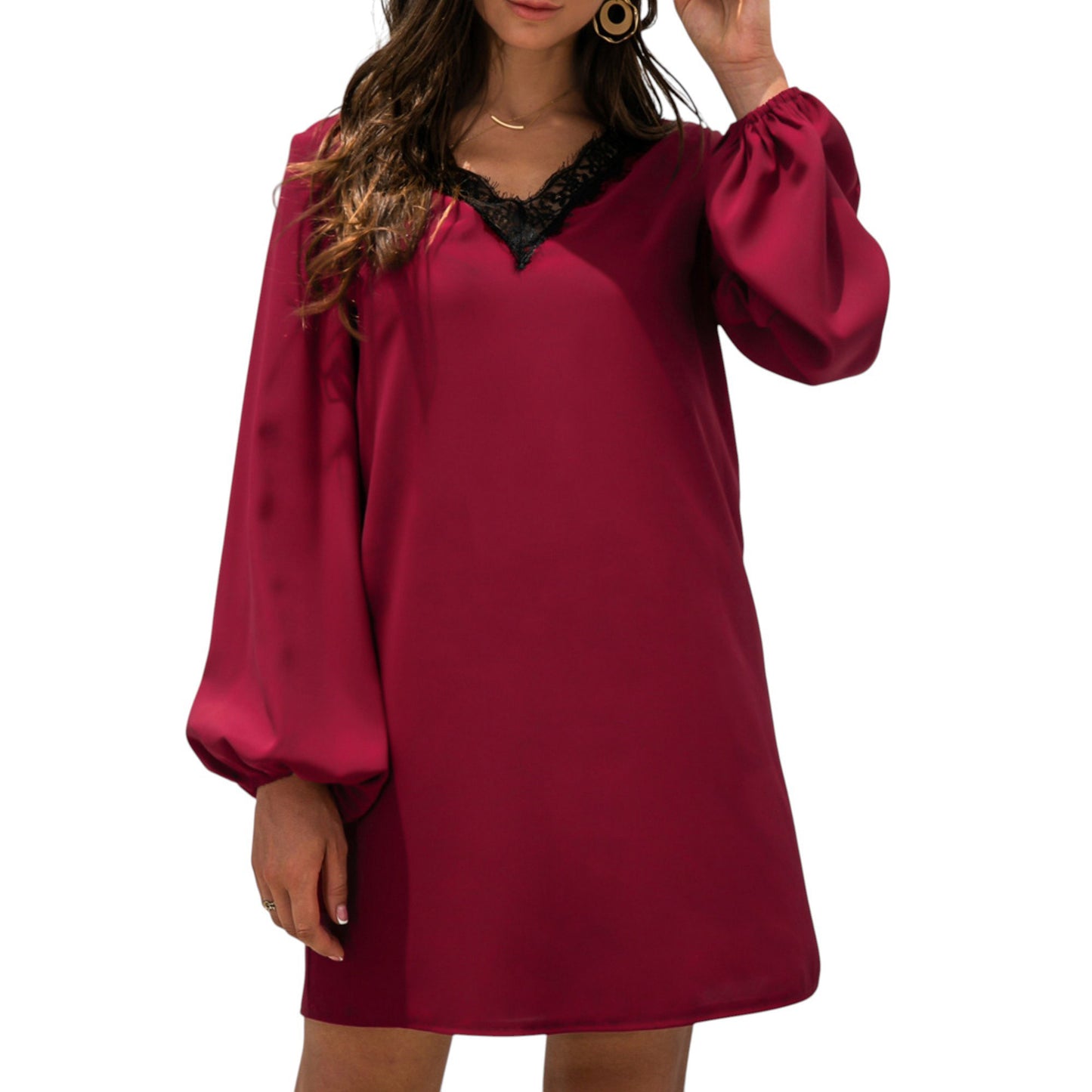 Anna-Kaci Women's Long Sleeve Mini Shift Dress with V-Neckline and Lace Trim Detail
