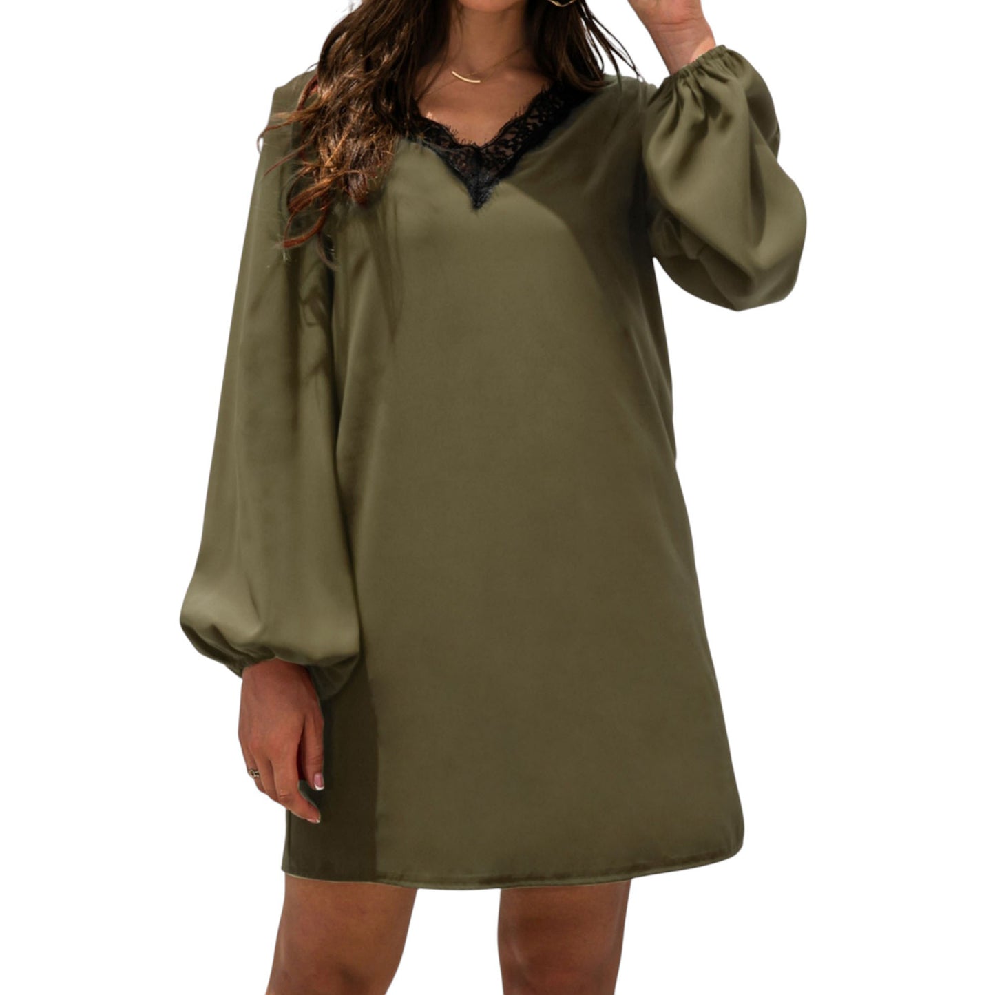 Anna-Kaci Women's Long Sleeve Mini Shift Dress with V-Neckline and Lace Trim Detail