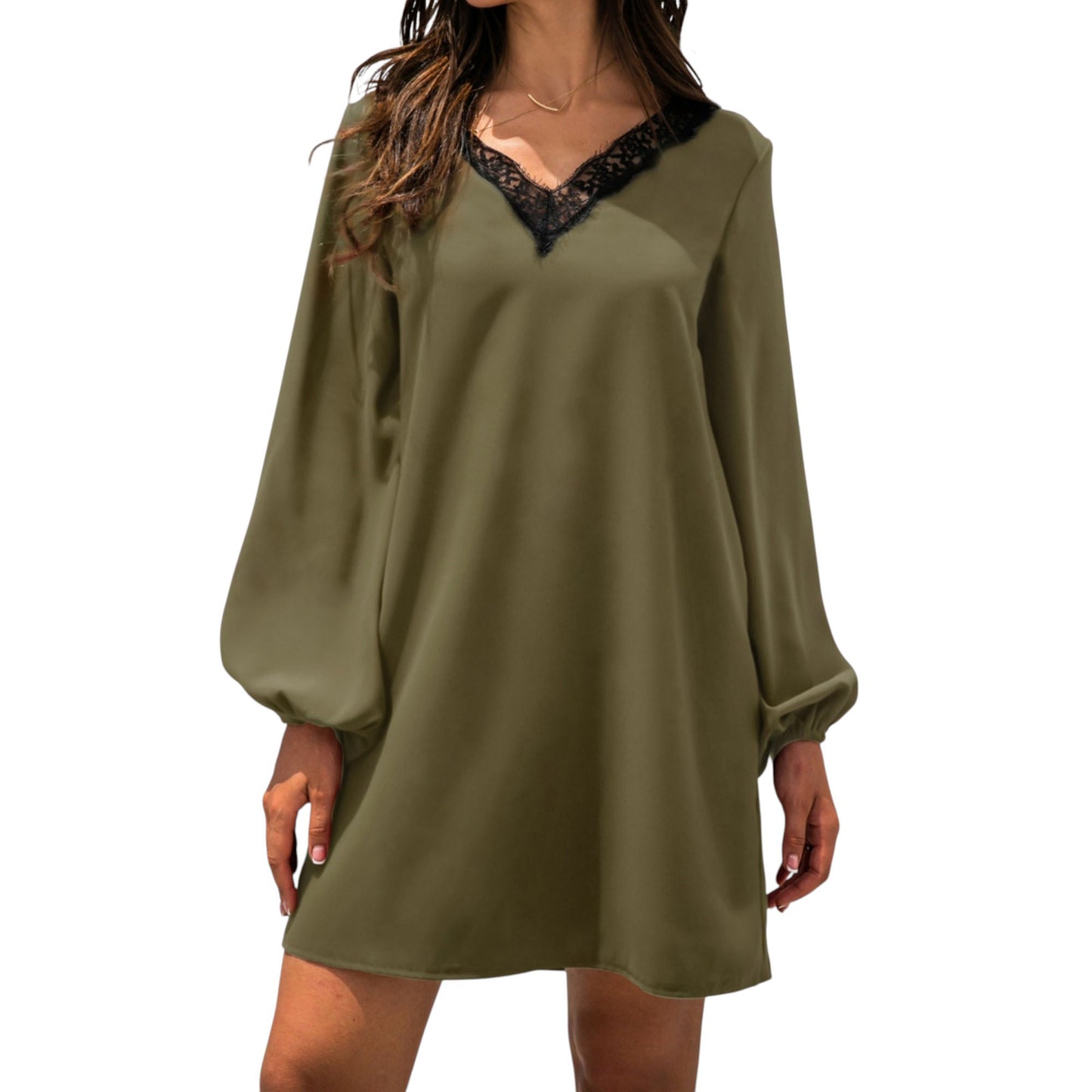 Anna-Kaci Women's Long Sleeve Mini Shift Dress with V-Neckline and Lace Trim Detail