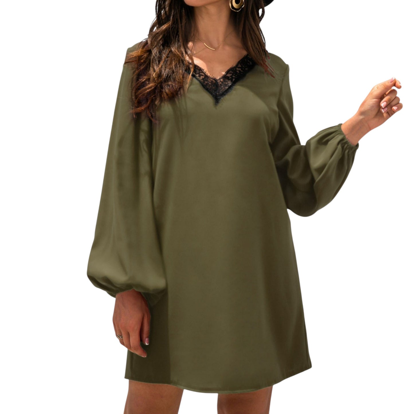 Anna-Kaci Women's Long Sleeve Mini Shift Dress with V-Neckline and Lace Trim Detail