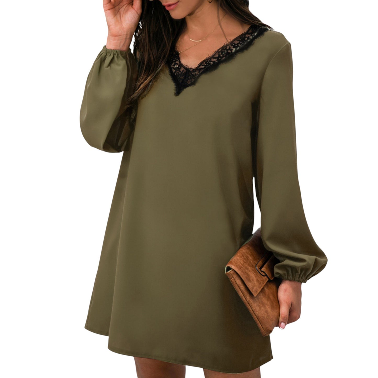 Anna-Kaci Women's Long Sleeve Mini Shift Dress with V-Neckline and Lace Trim Detail