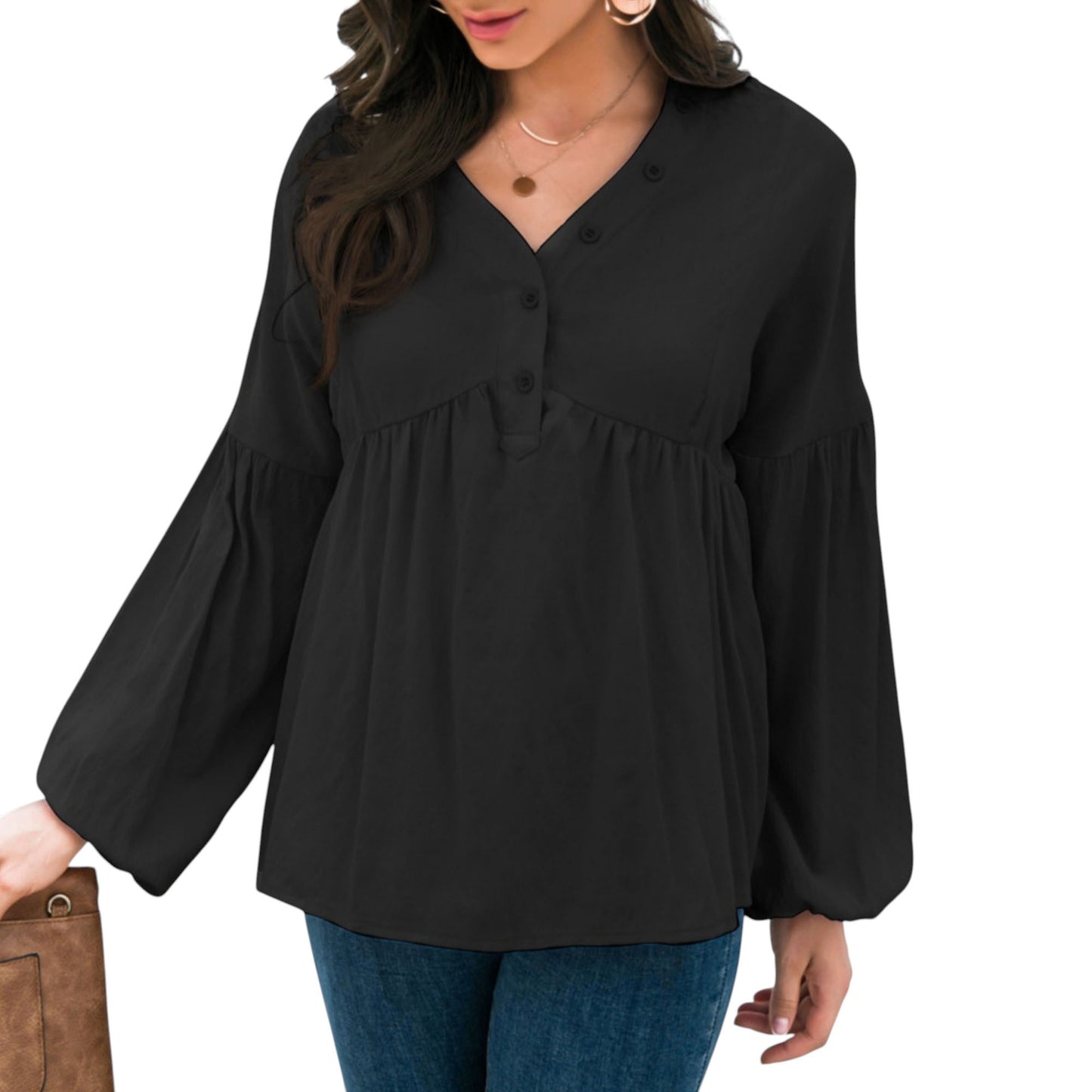 Anna-Kaci Women's Long Sleeve Button Front Peasant Top with Gathered Waist and Flowy Fit