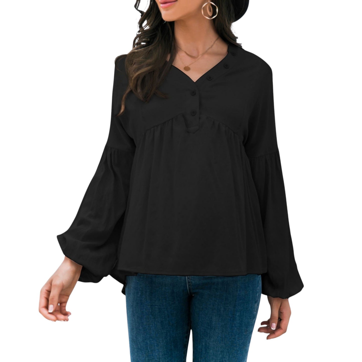 Anna-Kaci Women's Long Sleeve Button Front Peasant Top with Gathered Waist and Flowy Fit