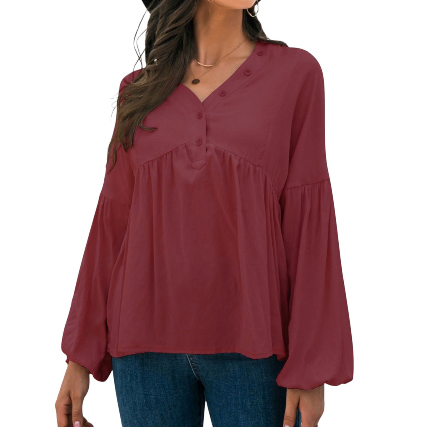 Anna-Kaci Women's Long Sleeve Button Front Peasant Top with Gathered Waist and Flowy Fit