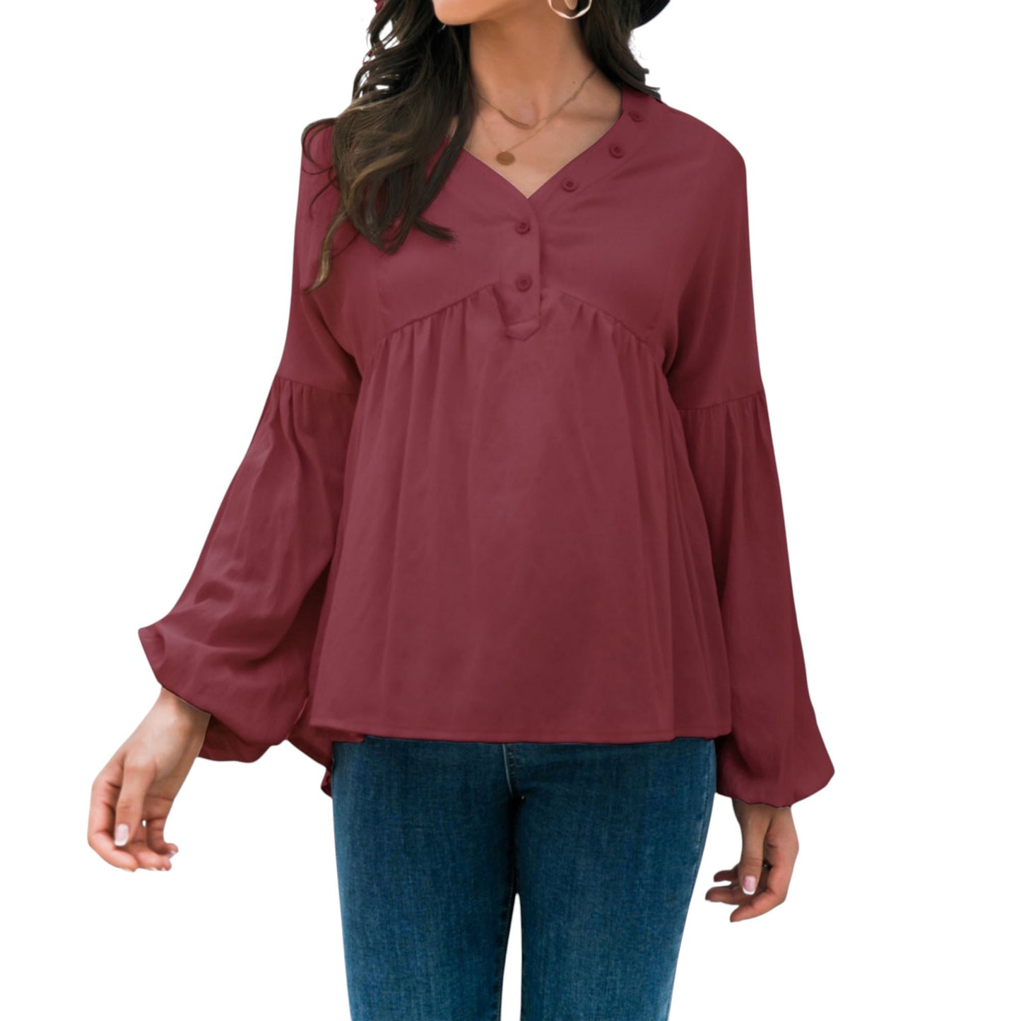 Anna-Kaci Women's Long Sleeve Button Front Peasant Top with Gathered Waist and Flowy Fit