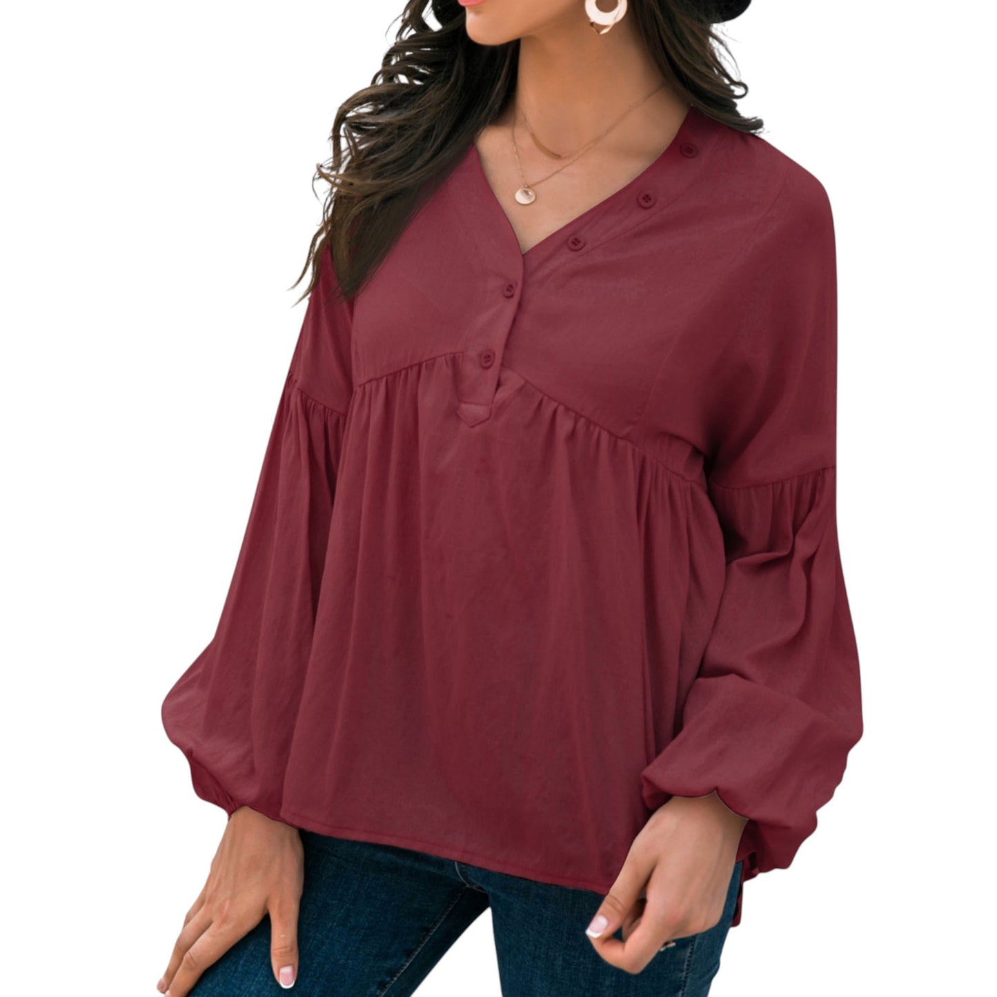 Anna-Kaci Women's Long Sleeve Button Front Peasant Top with Gathered Waist and Flowy Fit