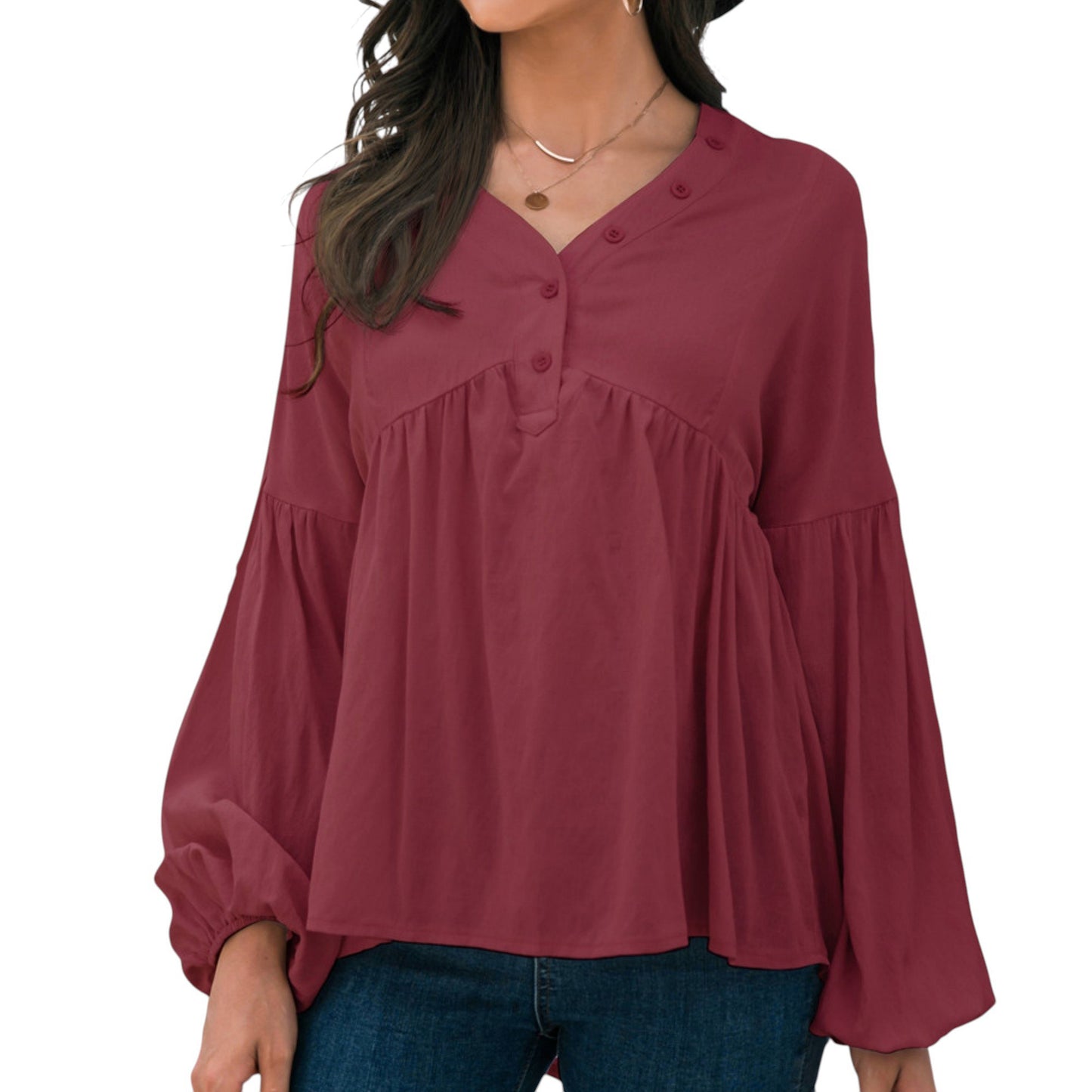 Anna-Kaci Women's Long Sleeve Button Front Peasant Top with Gathered Waist and Flowy Fit