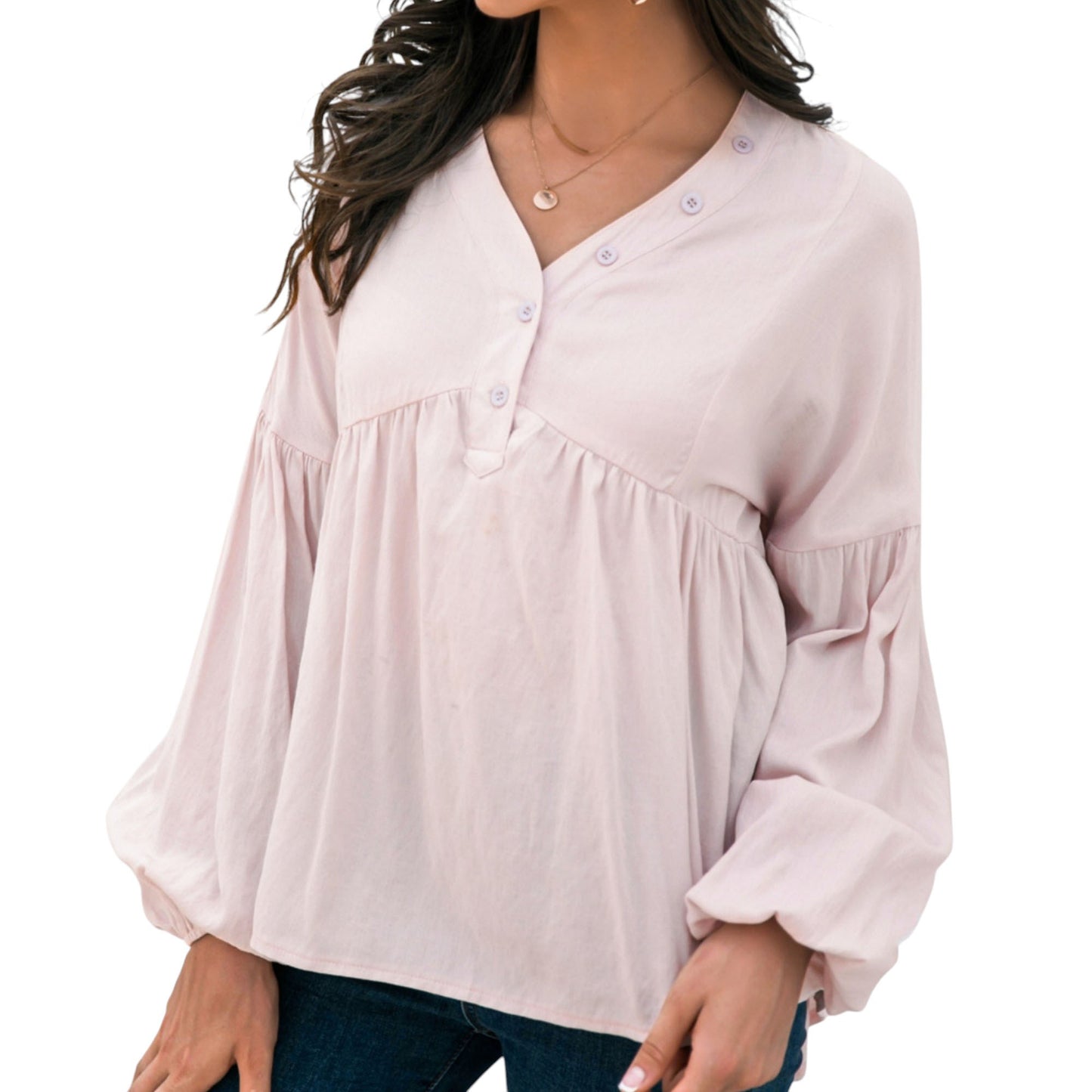 Anna-Kaci Women's Long Sleeve Button Front Peasant Top with Gathered Waist and Flowy Fit