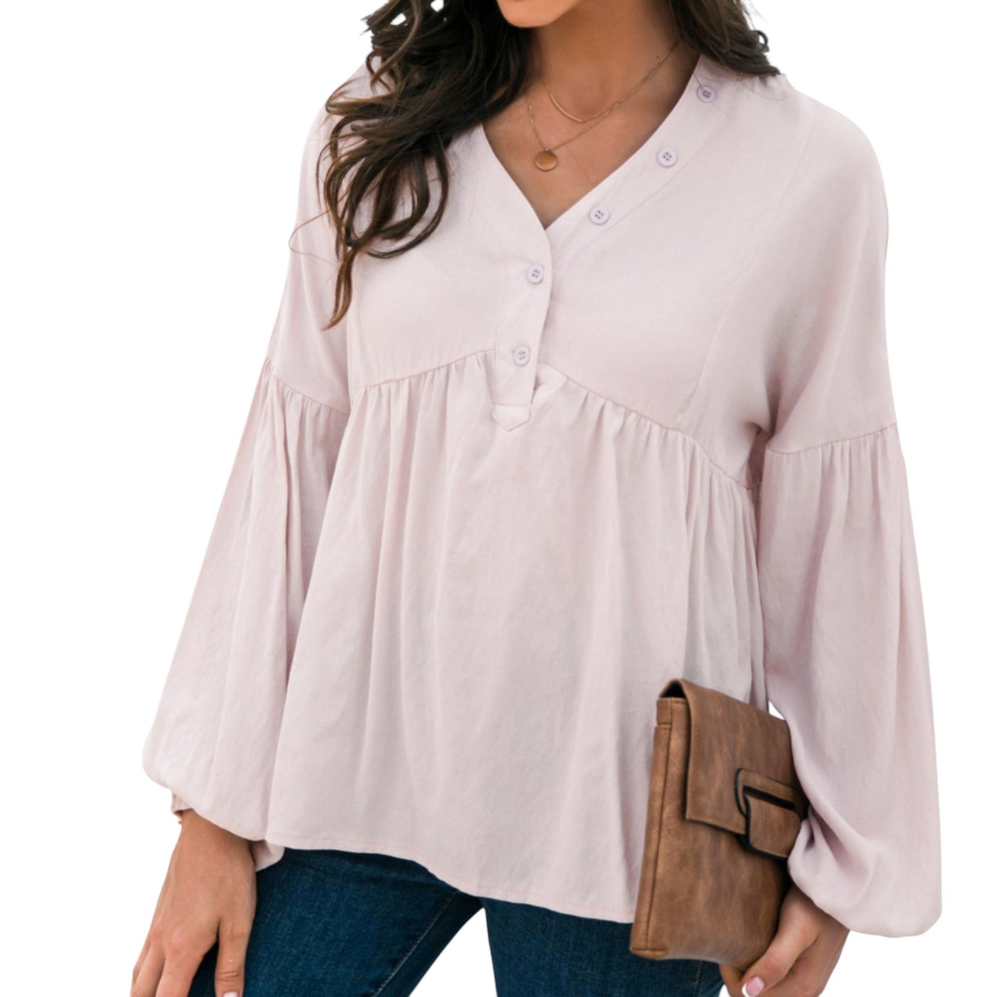 Anna-Kaci Women's Long Sleeve Button Front Peasant Top with Gathered Waist and Flowy Fit