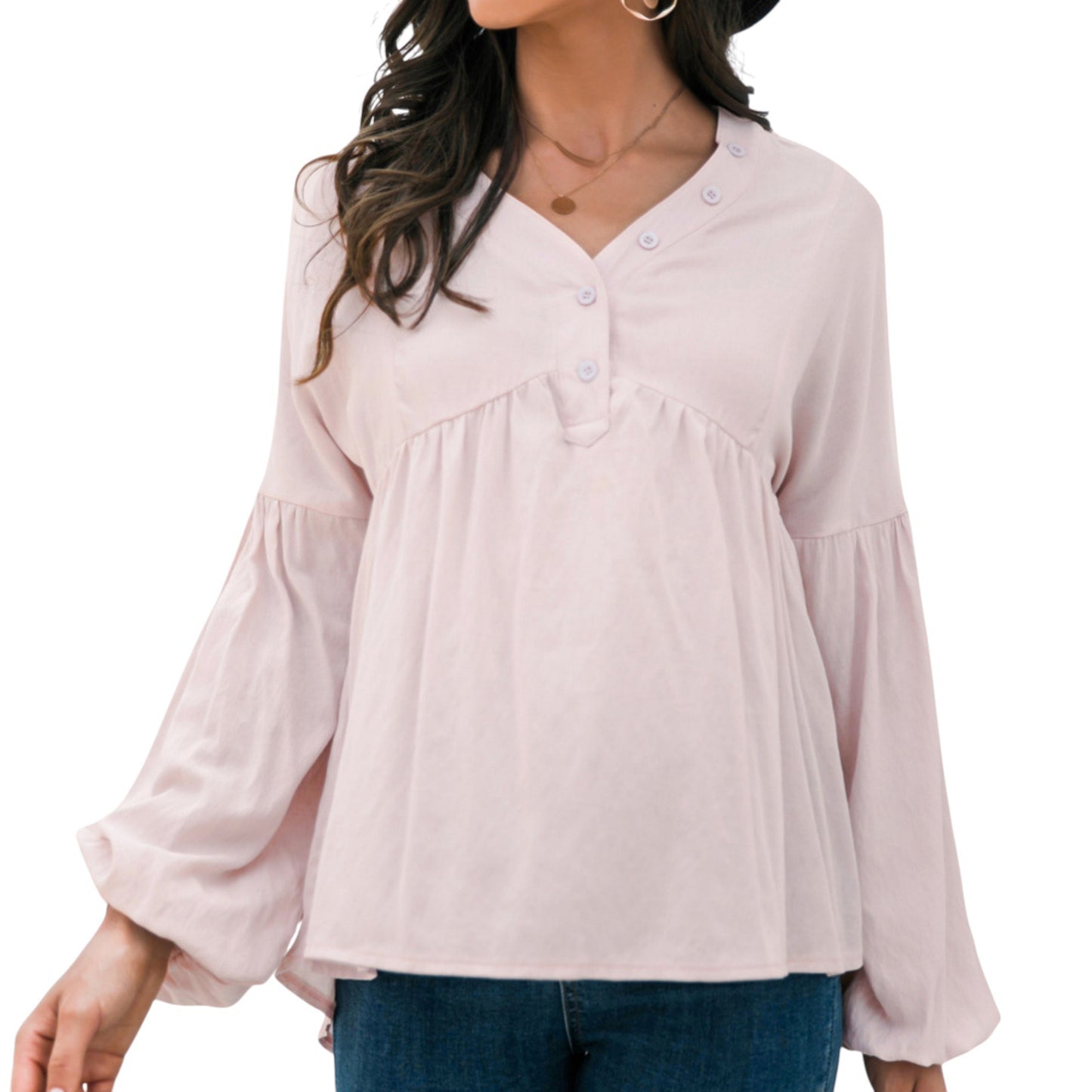 Anna-Kaci Women's Long Sleeve Button Front Peasant Top with Gathered Waist and Flowy Fit