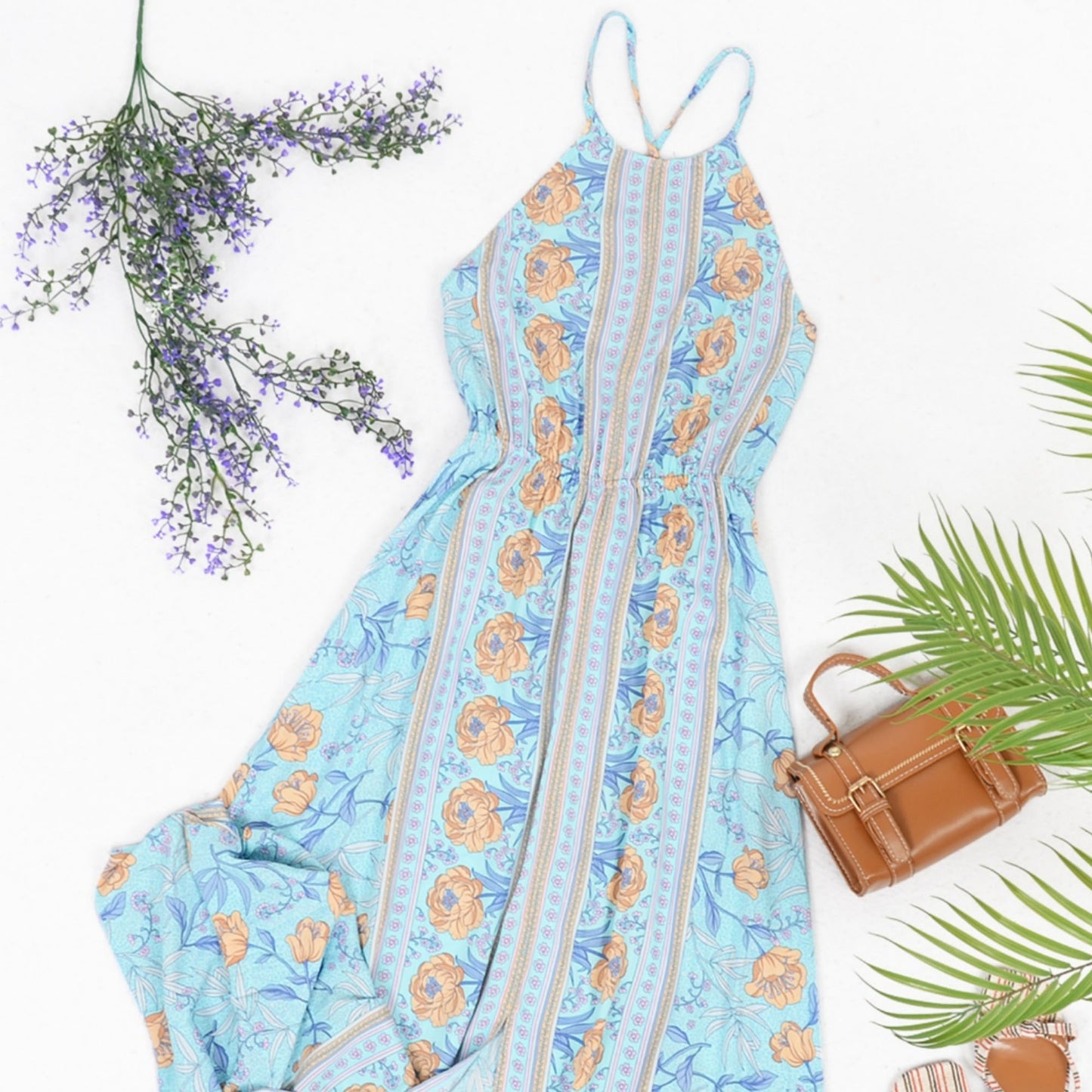 Anna-Kaci Women's Floral Print Maxi Dress with Sleeveless Bodice and Front Slit Detail