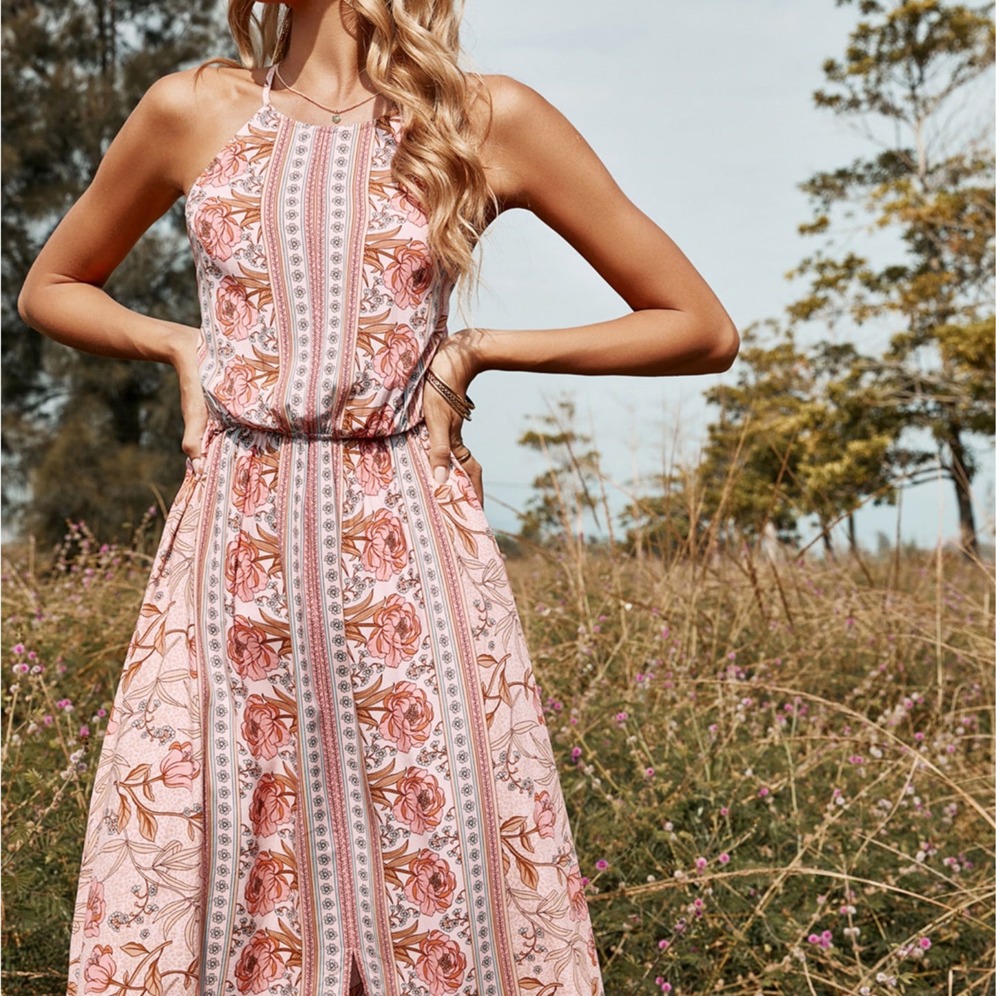 Anna-Kaci Women's Floral Print Maxi Dress with Sleeveless Bodice and Front Slit Detail