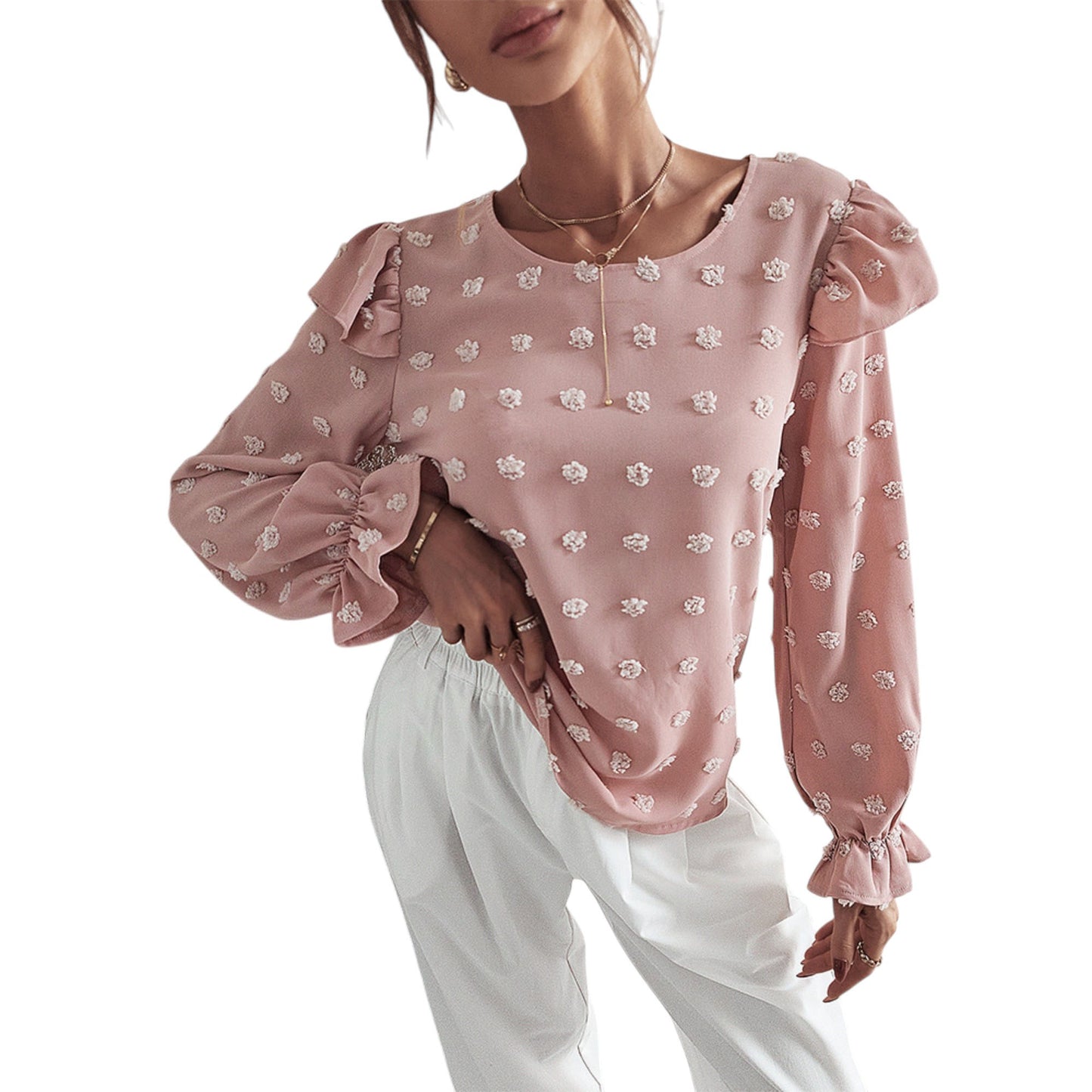 Anna-Kaci Women's Long Sleeve Textured Blouse with Raised Floral Details and Shoulder Ruffle Accents