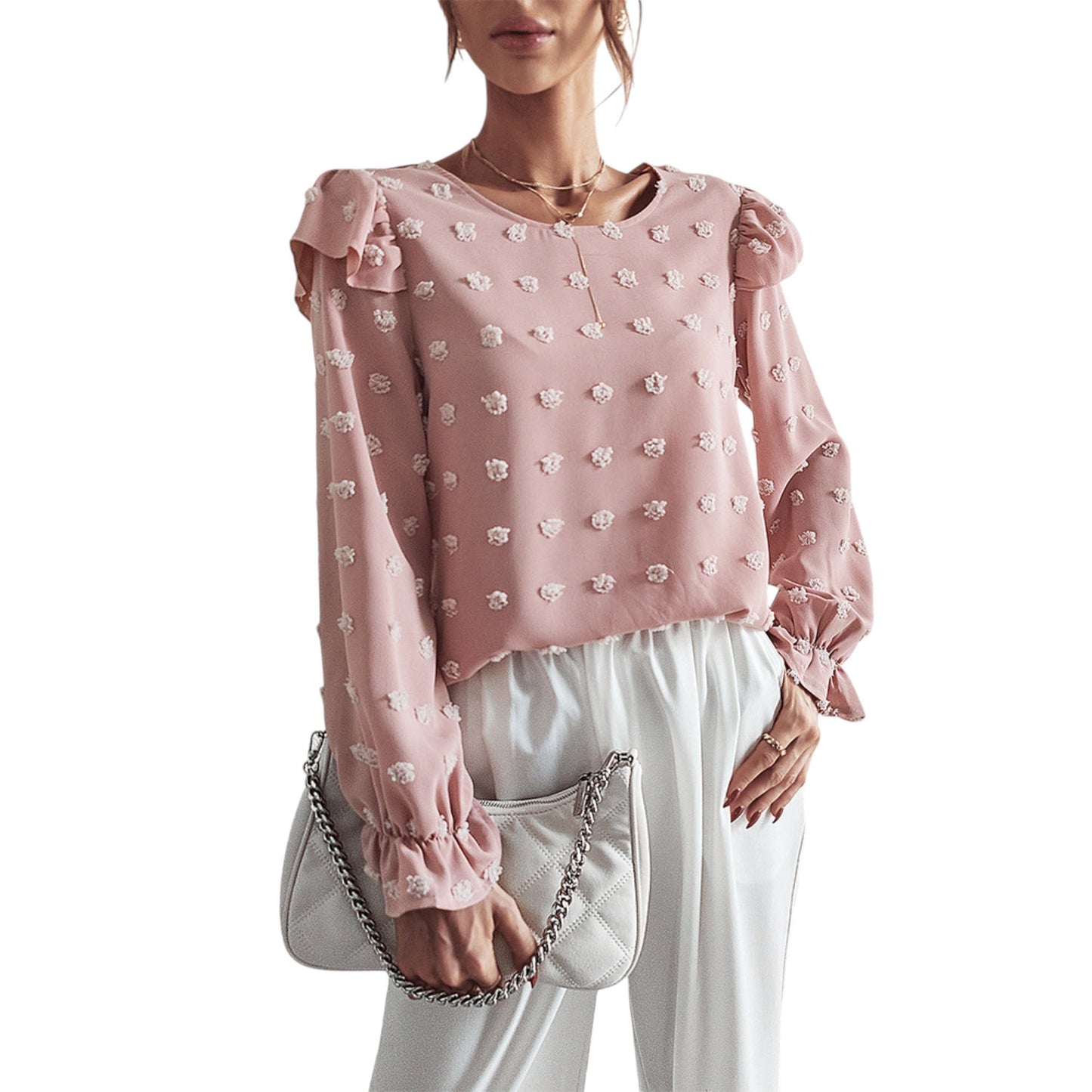 Anna-Kaci Women's Long Sleeve Textured Blouse with Raised Floral Details and Shoulder Ruffle Accents