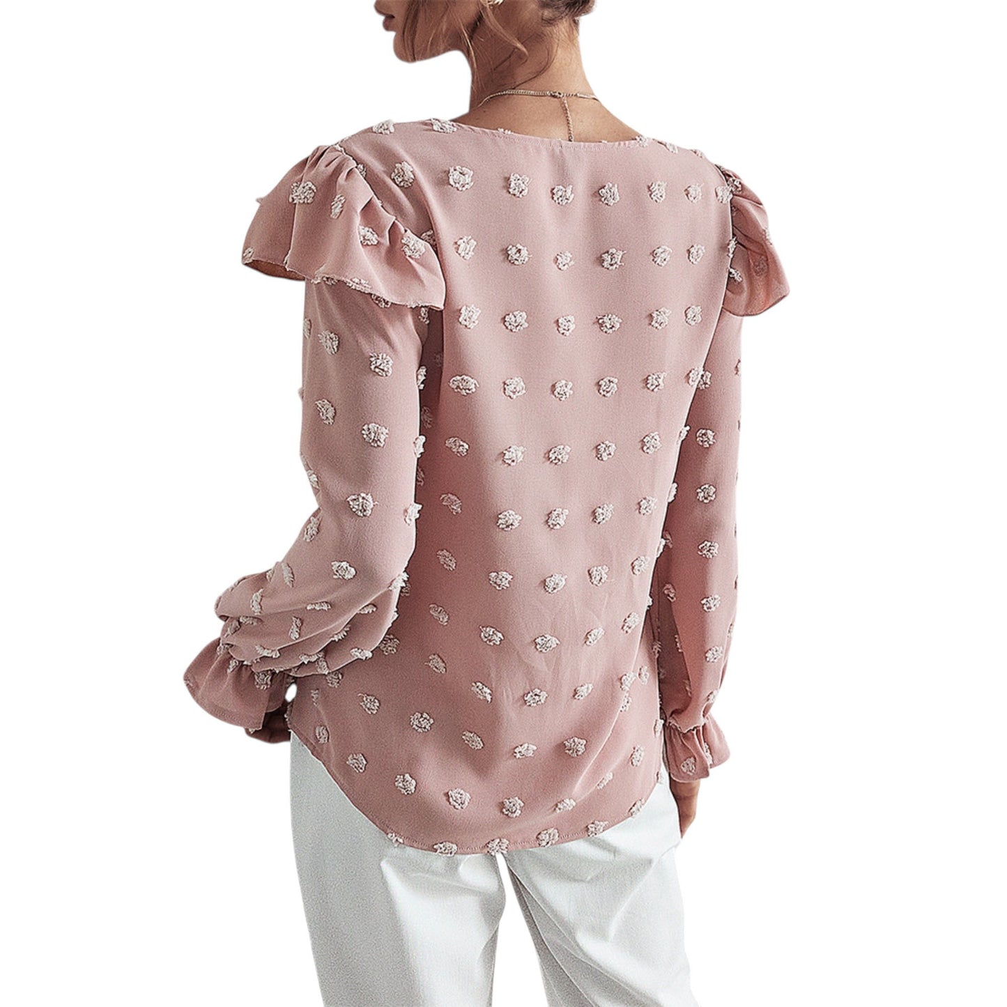 Anna-Kaci Women's Long Sleeve Textured Blouse with Raised Floral Details and Shoulder Ruffle Accents