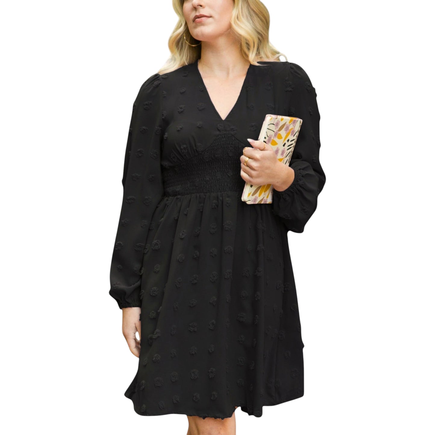 Anna-Kaci Women's Swiss Dot Long Sleeve Mini Dress with Smocked Waist and V-Neckline