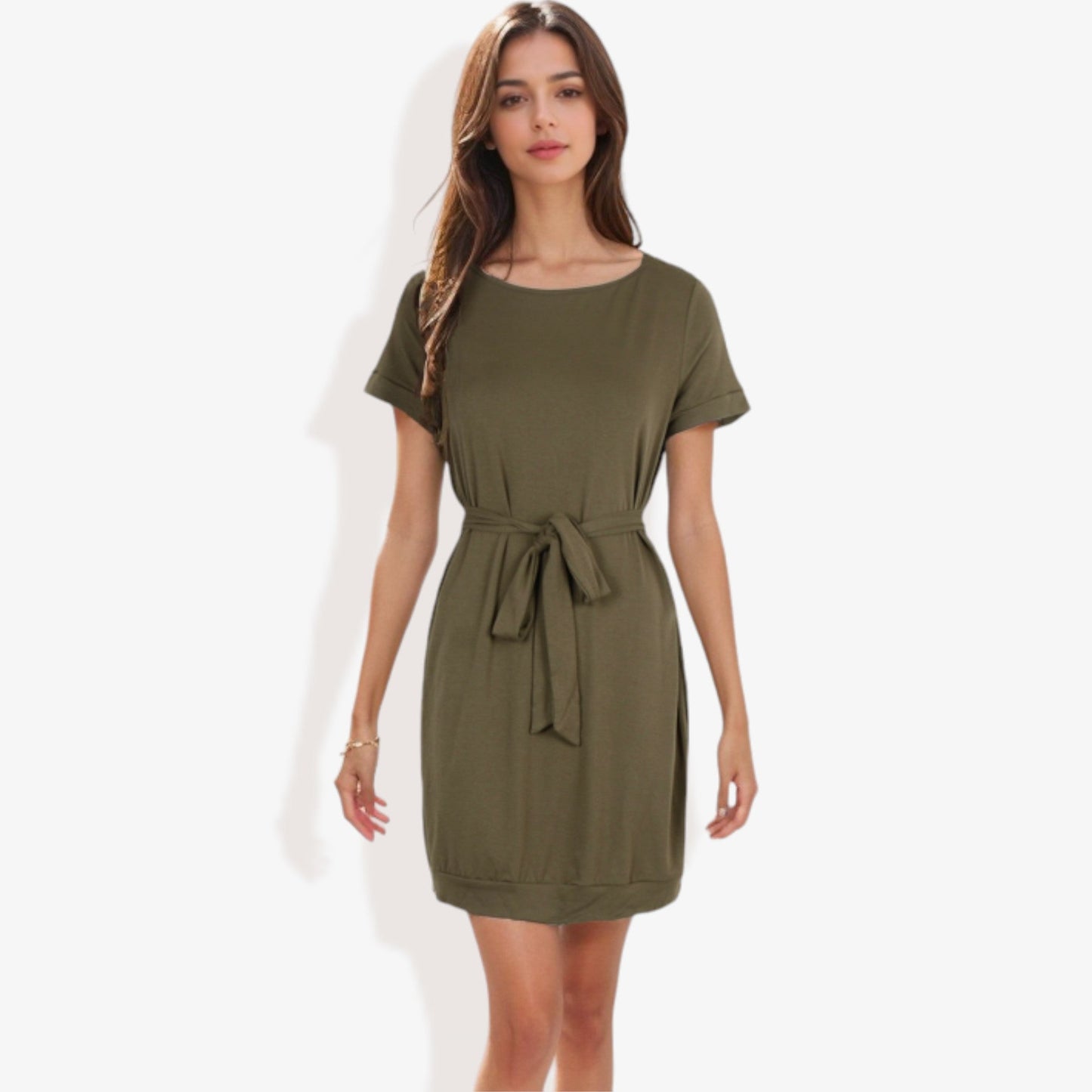 Vestido casual de manga corta para mujer Anna-Kaci con lazo en la cintura Diseño cómodo y versátil perfecto para uso diario y salidas informales