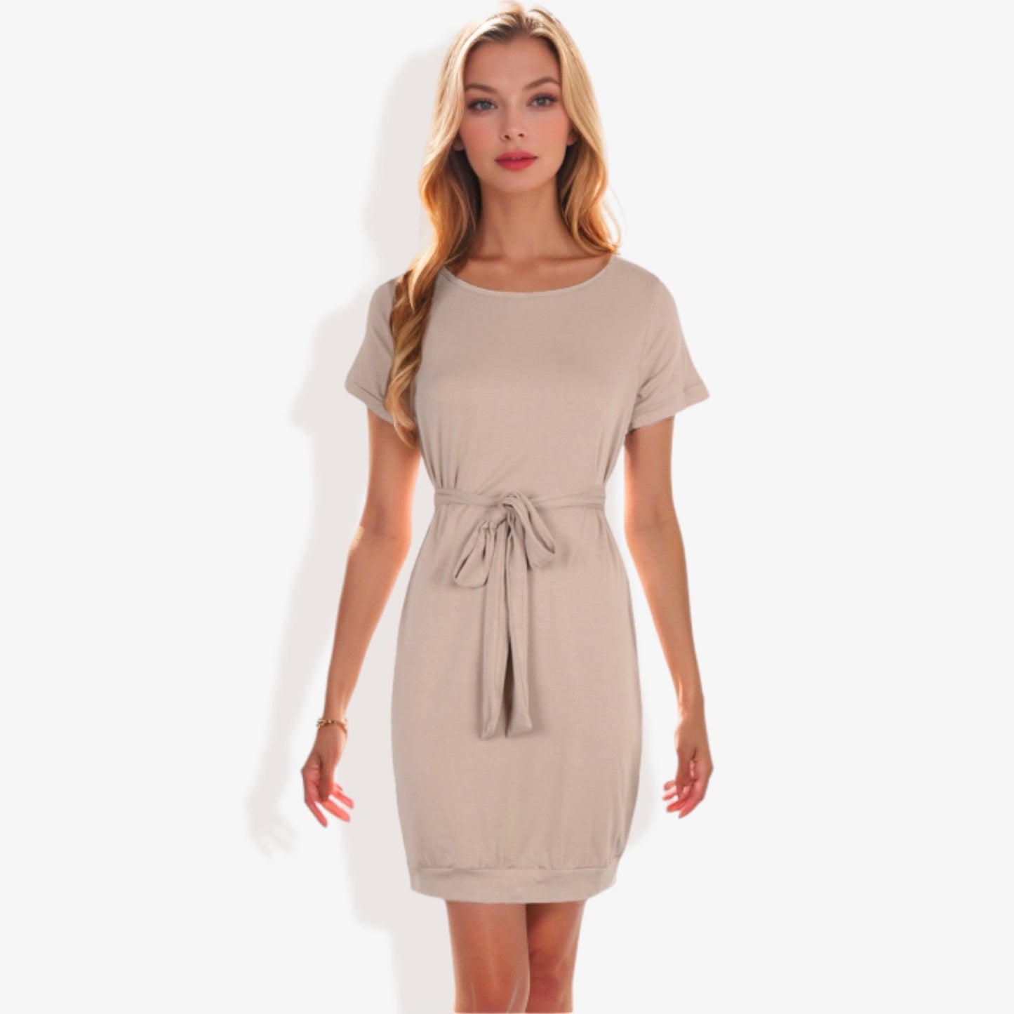 Vestido casual de manga corta para mujer Anna-Kaci con lazo en la cintura Diseño cómodo y versátil perfecto para uso diario y salidas informales