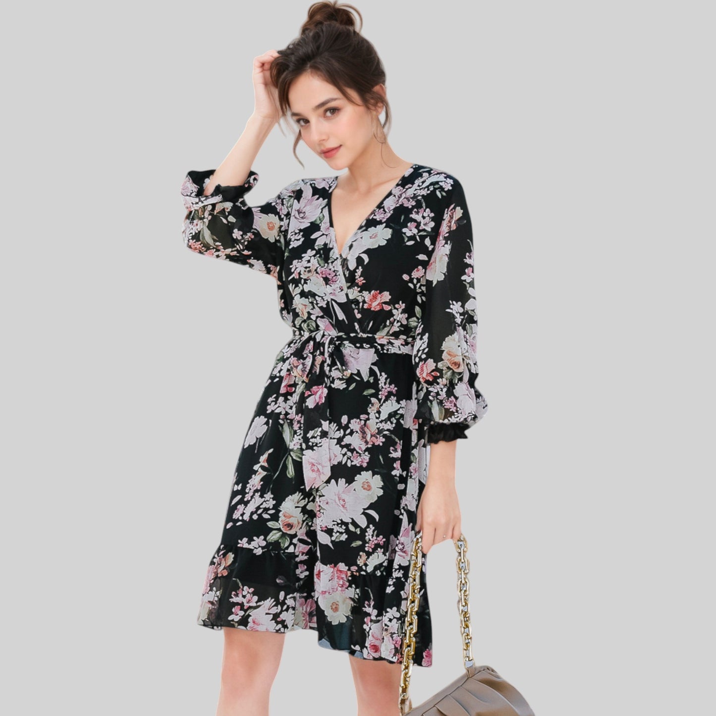 Anna-Kaci Women's Floral Print Wrap Dress with Ruffle Hem and Waist Tie