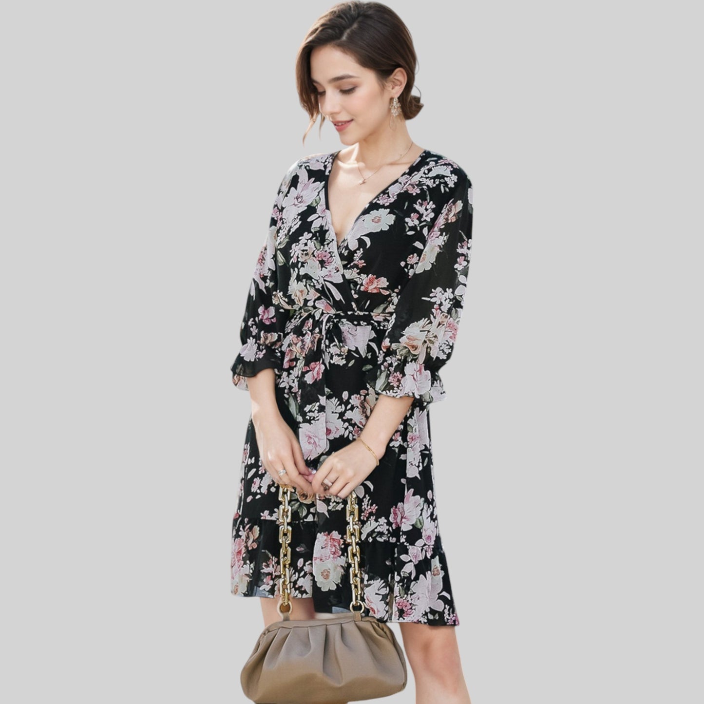 Anna-Kaci Women's Floral Print Wrap Dress with Ruffle Hem and Waist Tie
