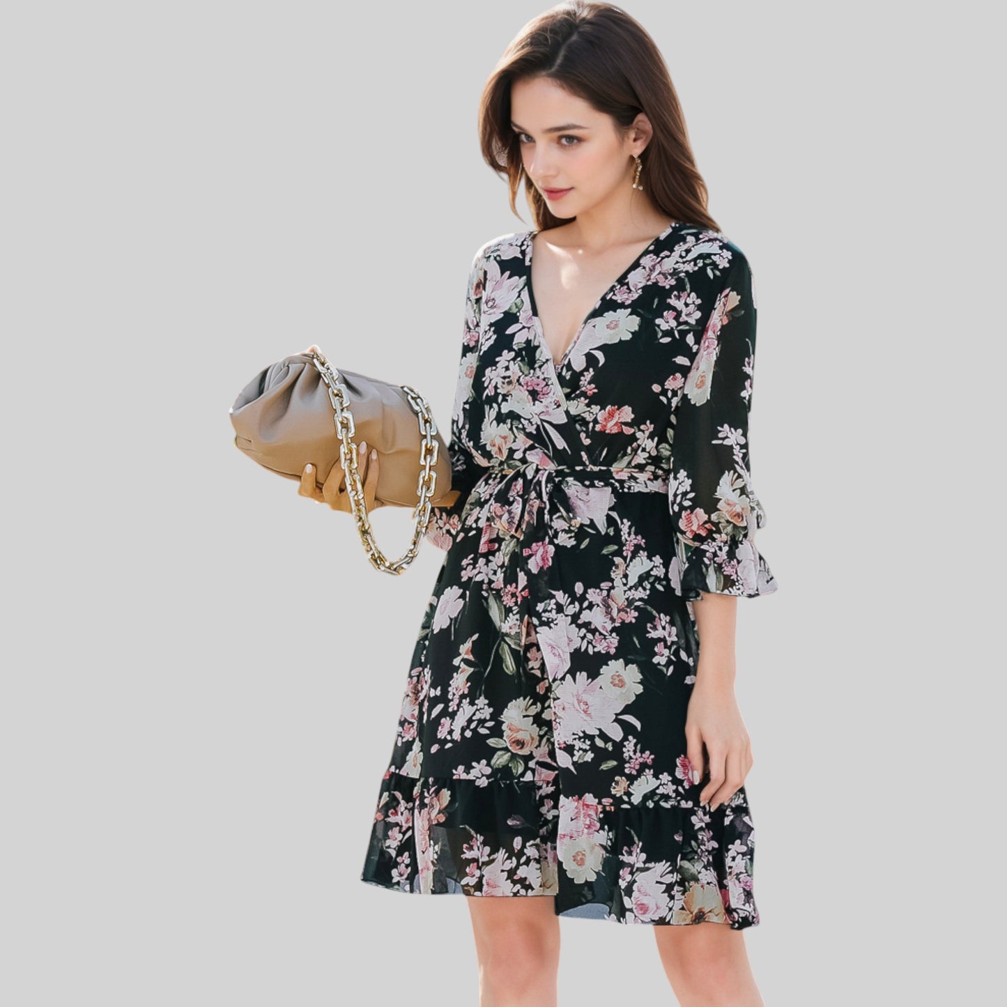 Anna-Kaci Women's Floral Print Wrap Dress with Ruffle Hem and Waist Tie