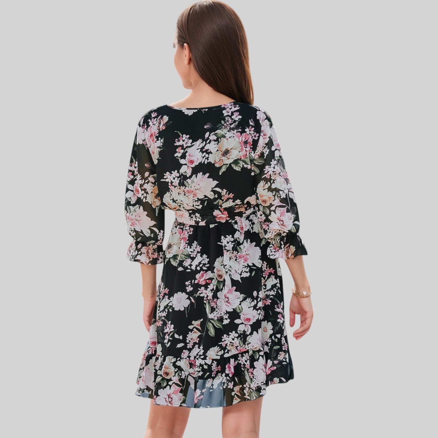 Anna-Kaci Women's Floral Print Wrap Dress with Ruffle Hem and Waist Tie