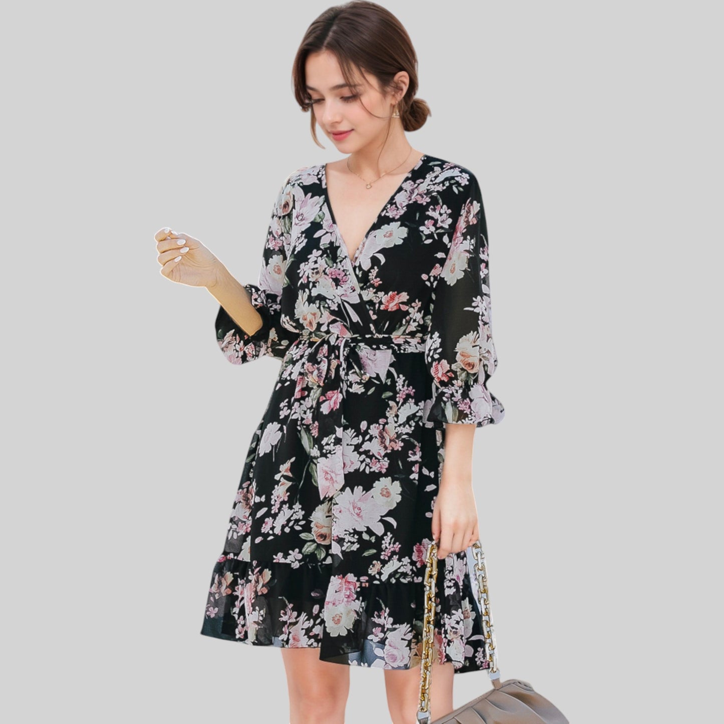 Anna-Kaci Women's Floral Print Wrap Dress with Ruffle Hem and Waist Tie