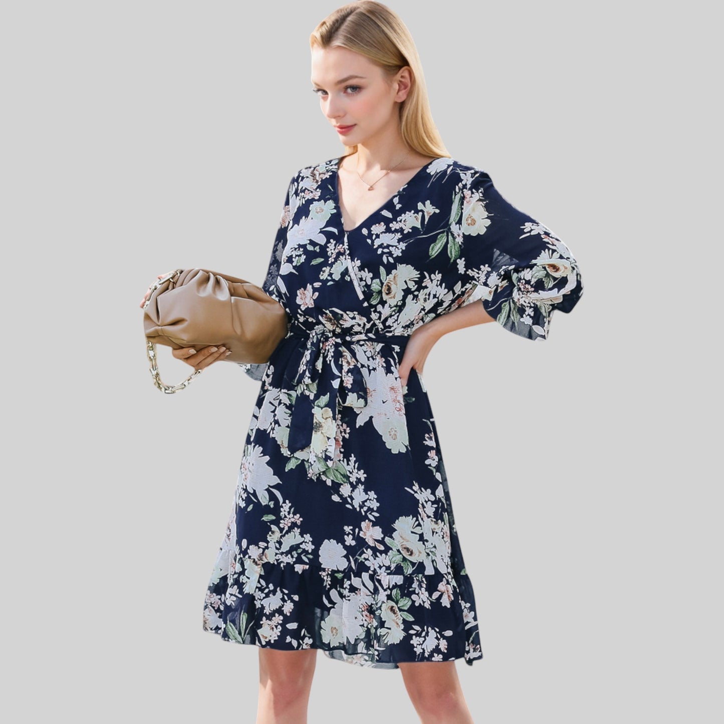 Anna-Kaci Women's Floral Print Wrap Dress with Ruffle Hem and Waist Tie