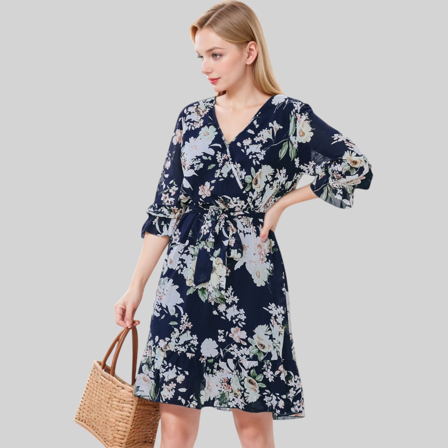 Anna-Kaci Women's Floral Print Wrap Dress with Ruffle Hem and Waist Tie