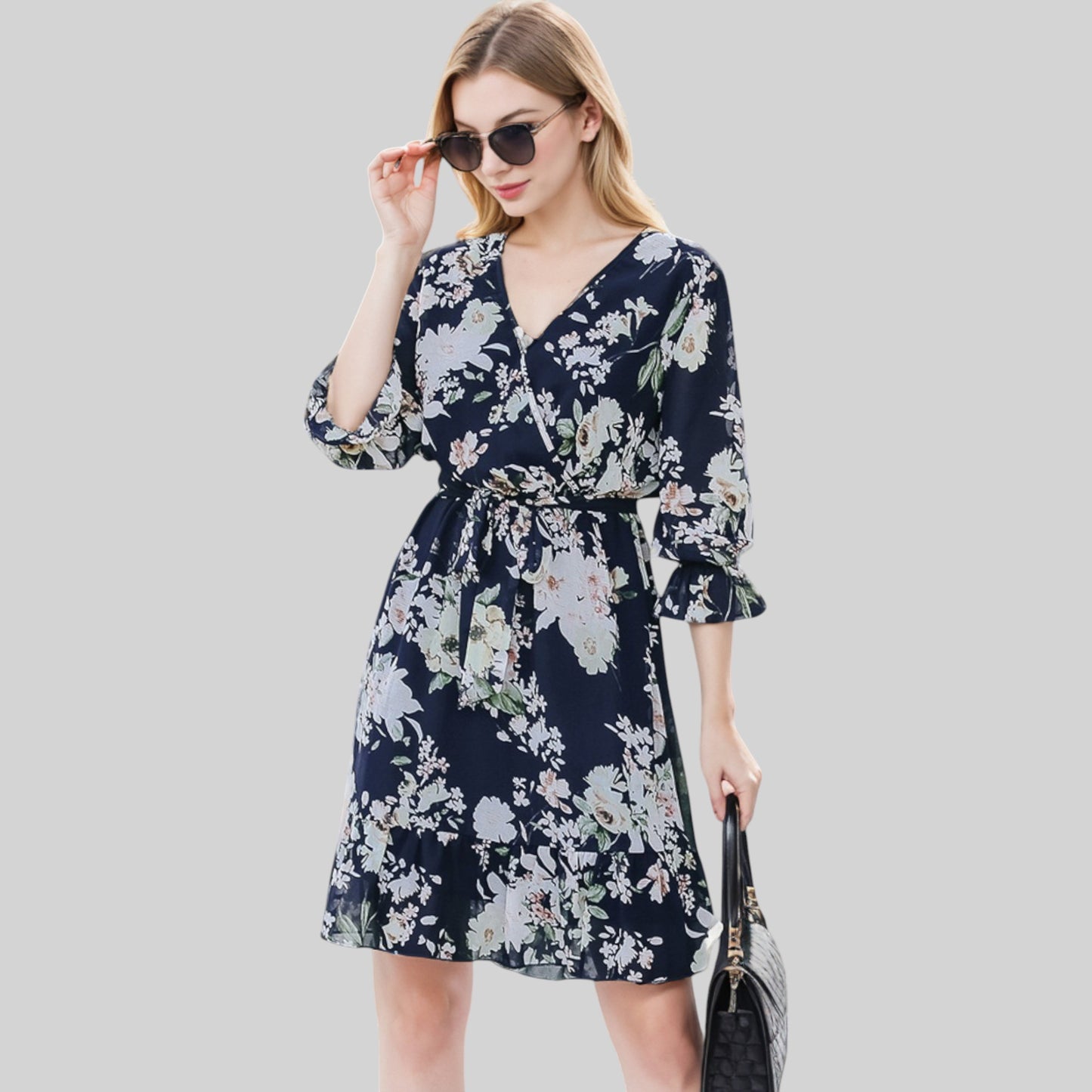 Anna-Kaci Women's Floral Print Wrap Dress with Ruffle Hem and Waist Tie