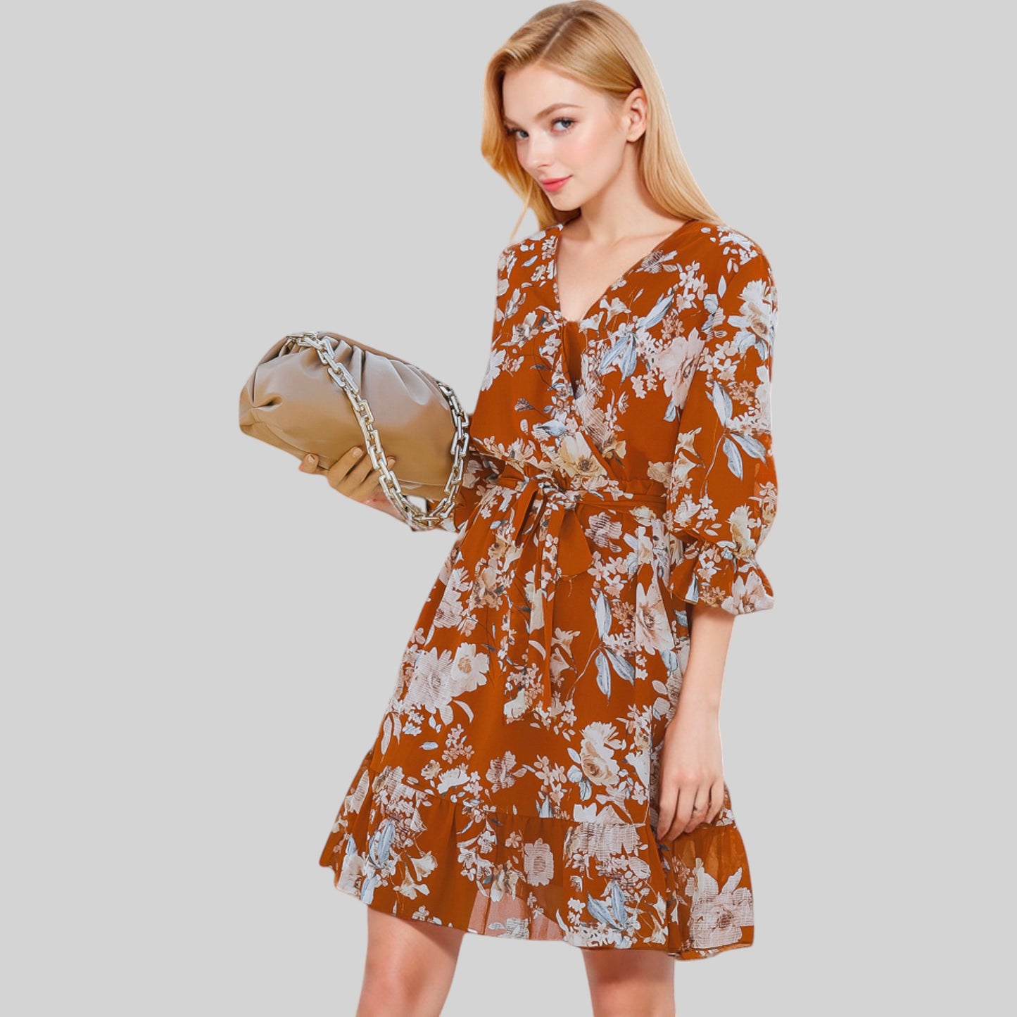 Anna-Kaci Women's Floral Print Wrap Dress with Ruffle Hem and Waist Tie