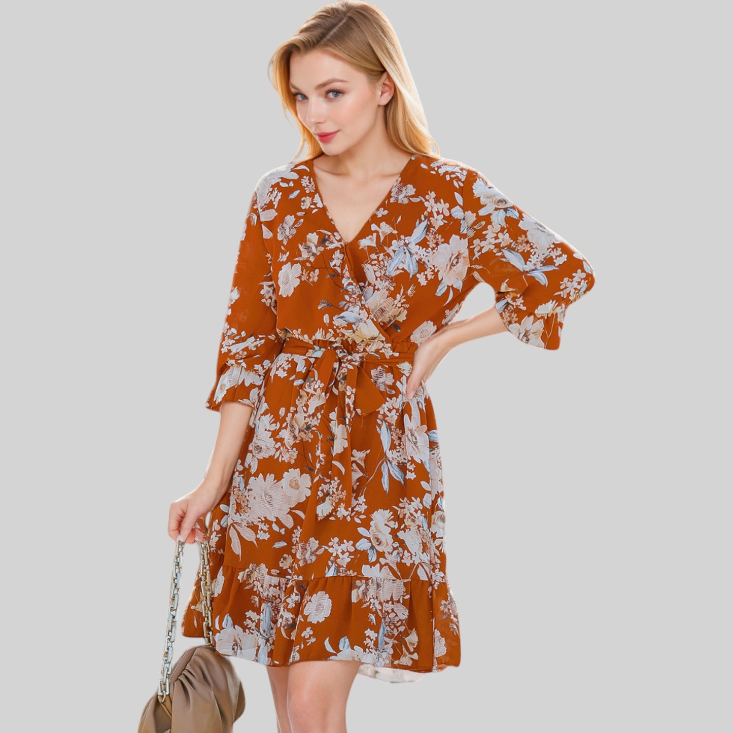 Anna-Kaci Women's Floral Print Wrap Dress with Ruffle Hem and Waist Tie
