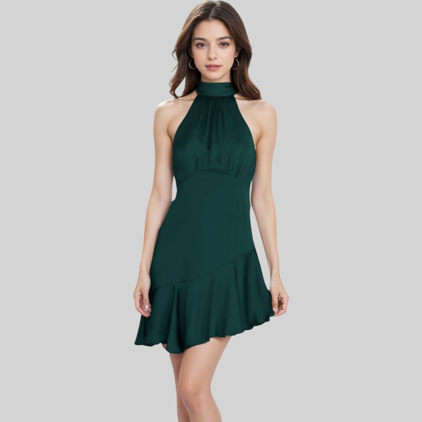 Anna-Kaci Women's Halter Neck Mini Dress with Asymmetrical Ruffle Hem and High Neck Detail