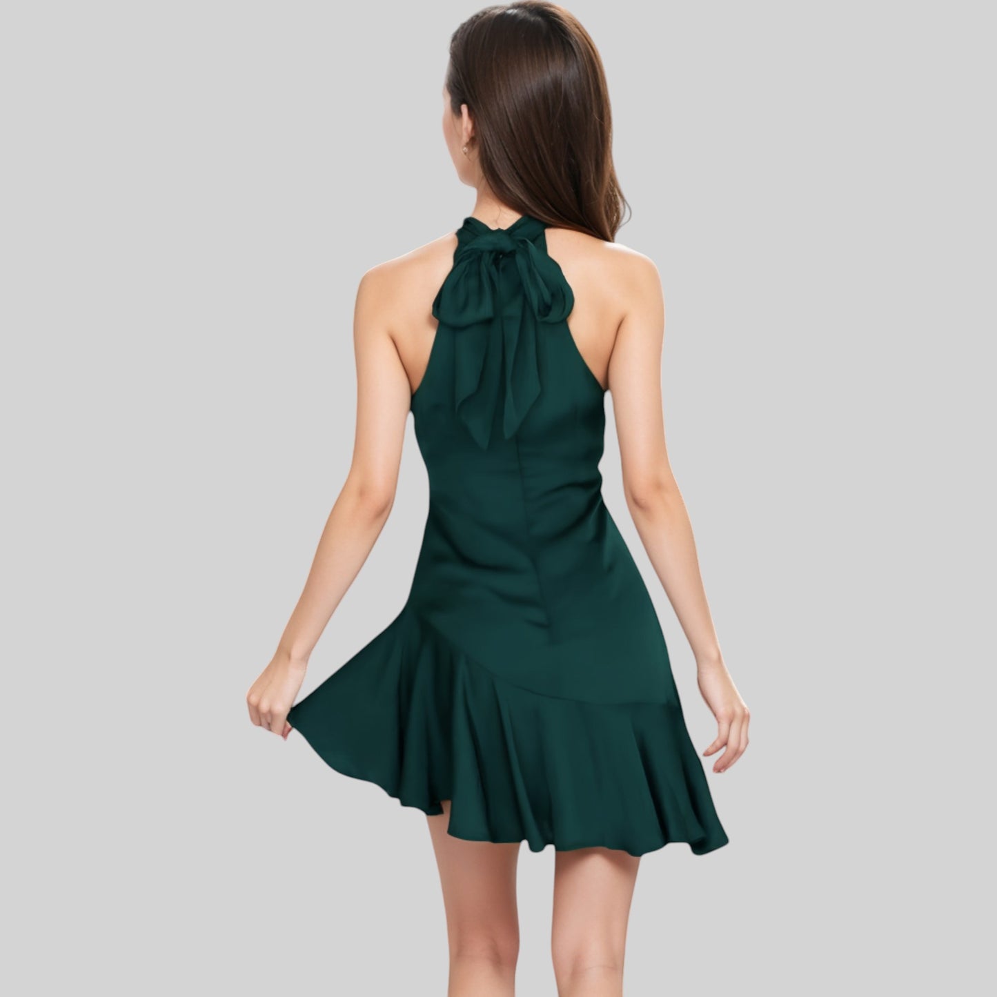 Anna-Kaci Women's Halter Neck Mini Dress with Asymmetrical Ruffle Hem and High Neck Detail