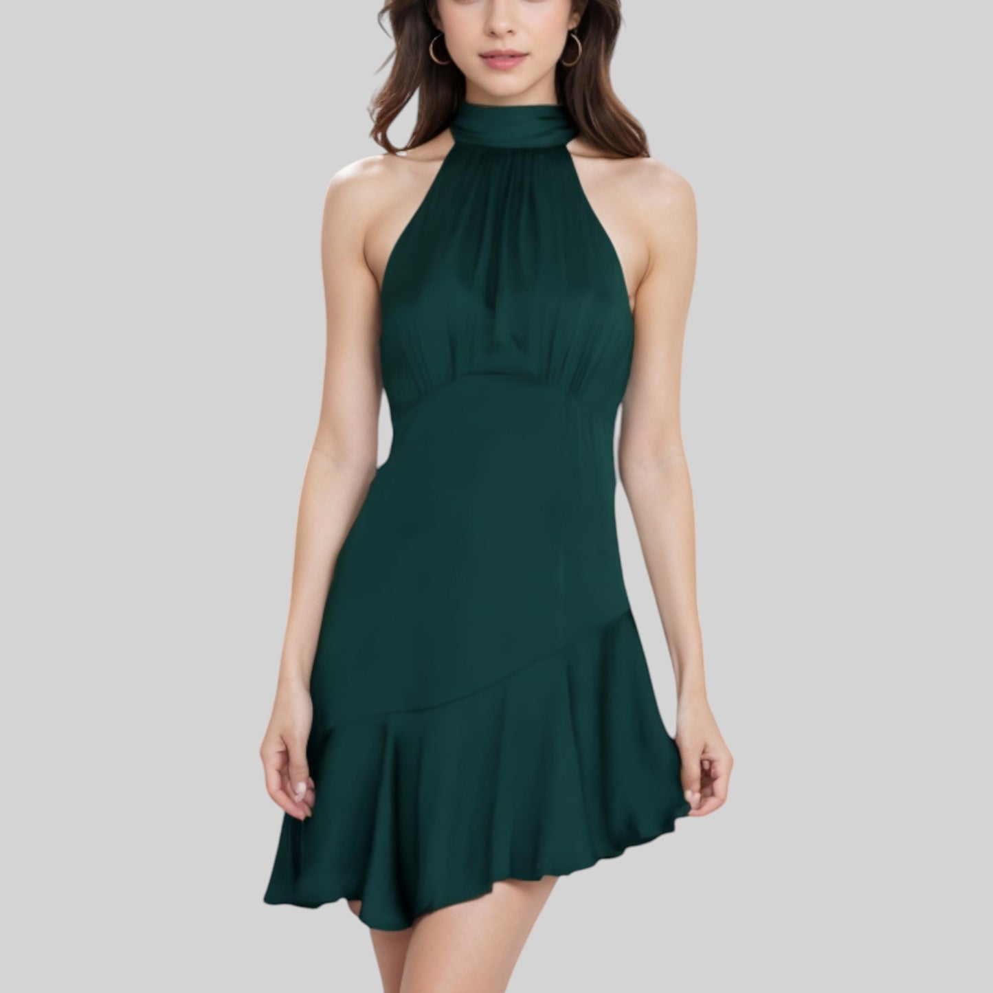 Anna-Kaci Women's Halter Neck Mini Dress with Asymmetrical Ruffle Hem and High Neck Detail