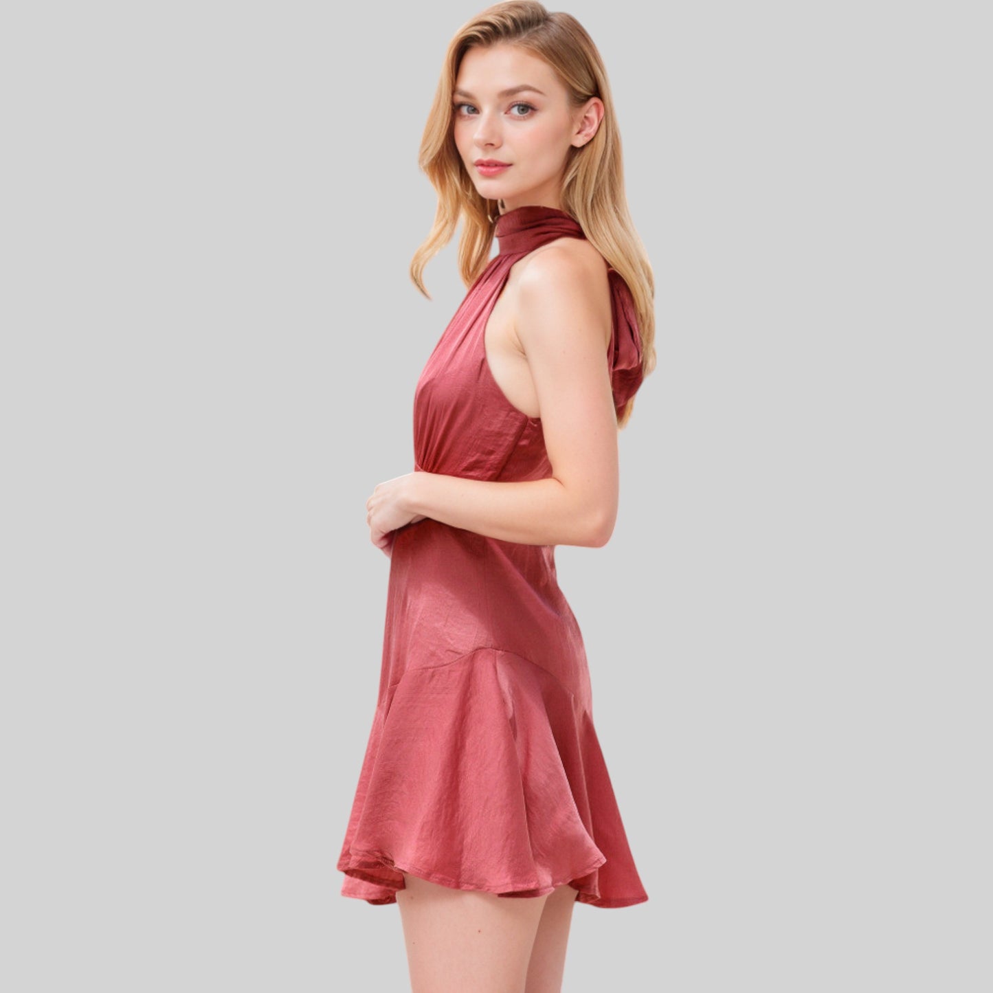 Anna-Kaci Women's Halter Neck Mini Dress with Asymmetrical Ruffle Hem and High Neck Detail