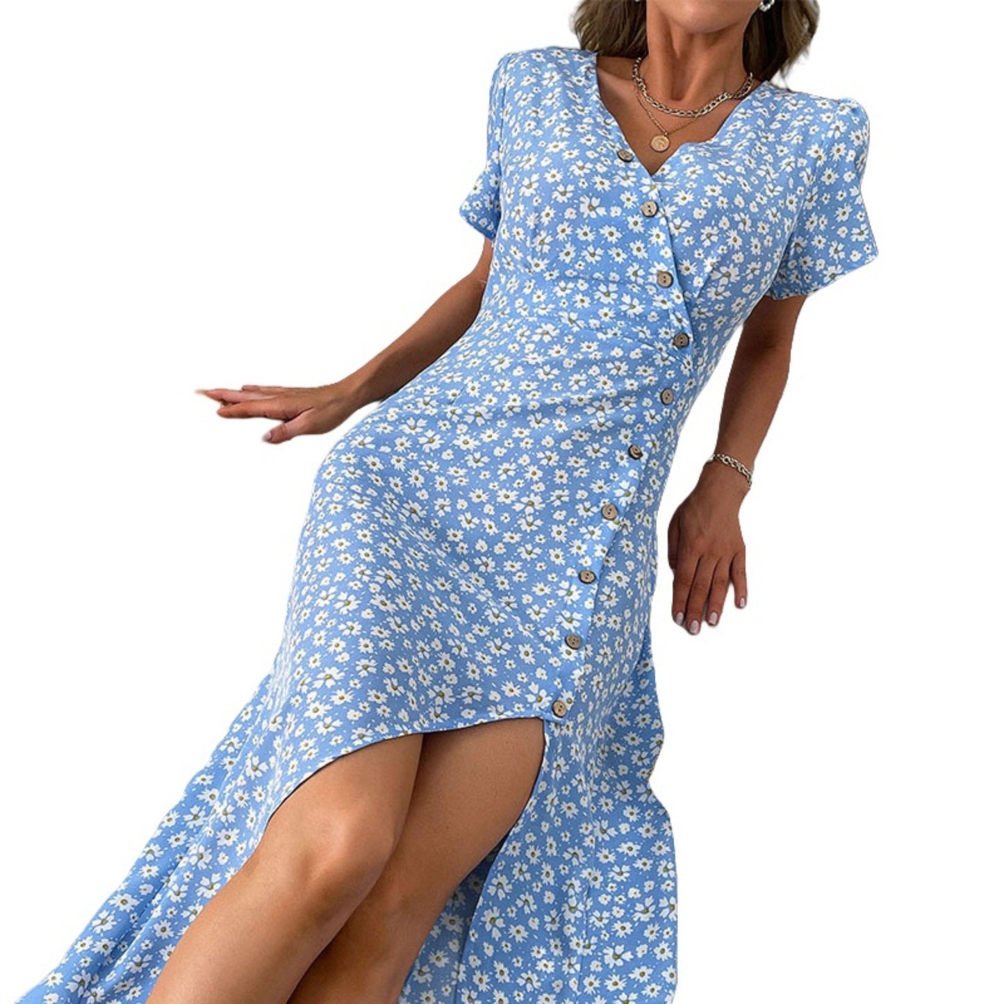 Anna-Kaci Women's Short Sleeve Floral Button Front Maxi Dress with V-Neckline and Side Slit