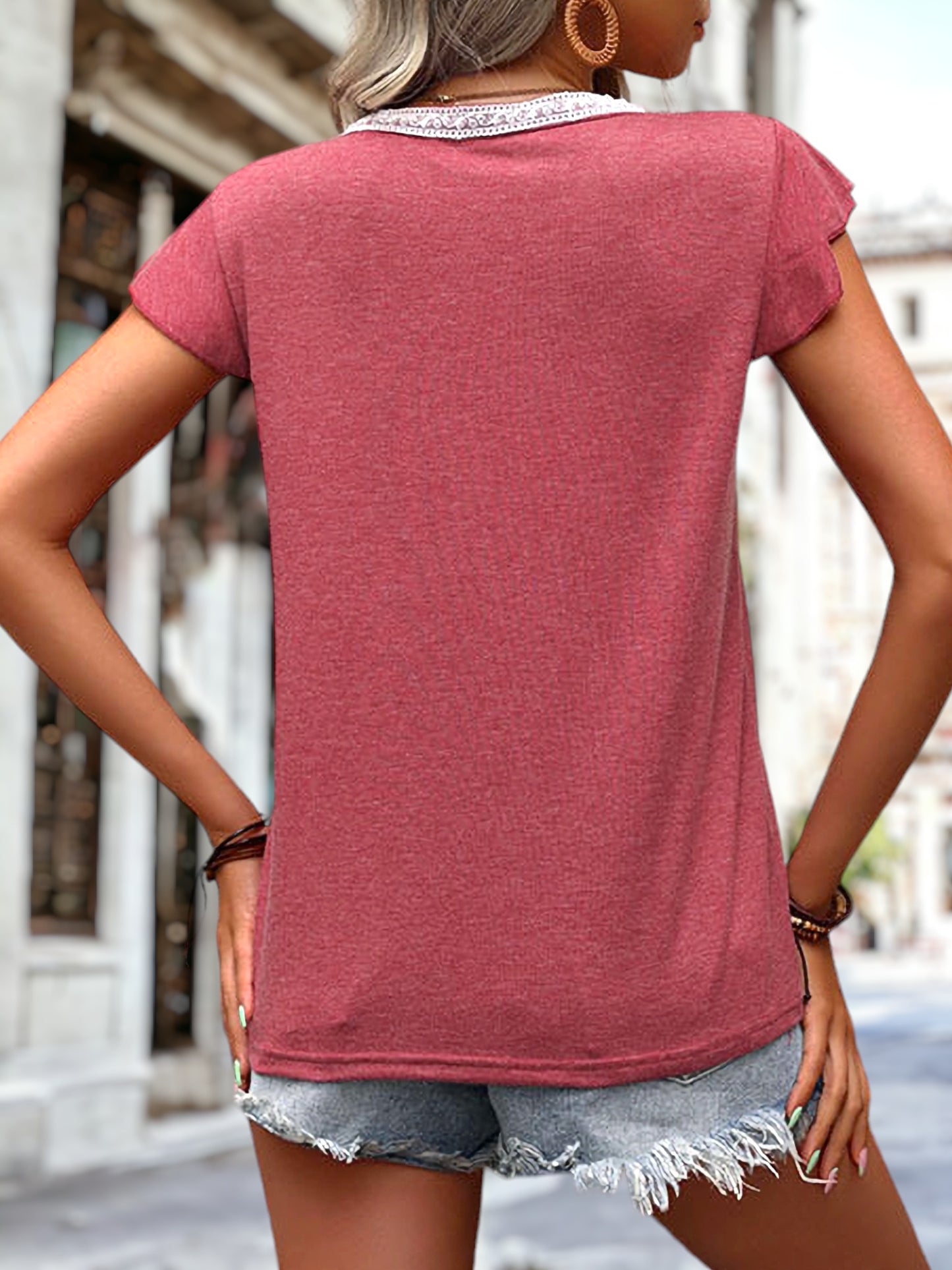 Lace Trim Flutter Sleeve Shirt