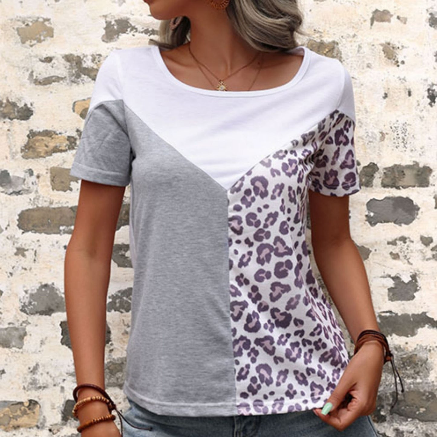 Anna-Kaci Women's Short Sleeve Color Block Leopard Print Patchwork Casual T-Shirt