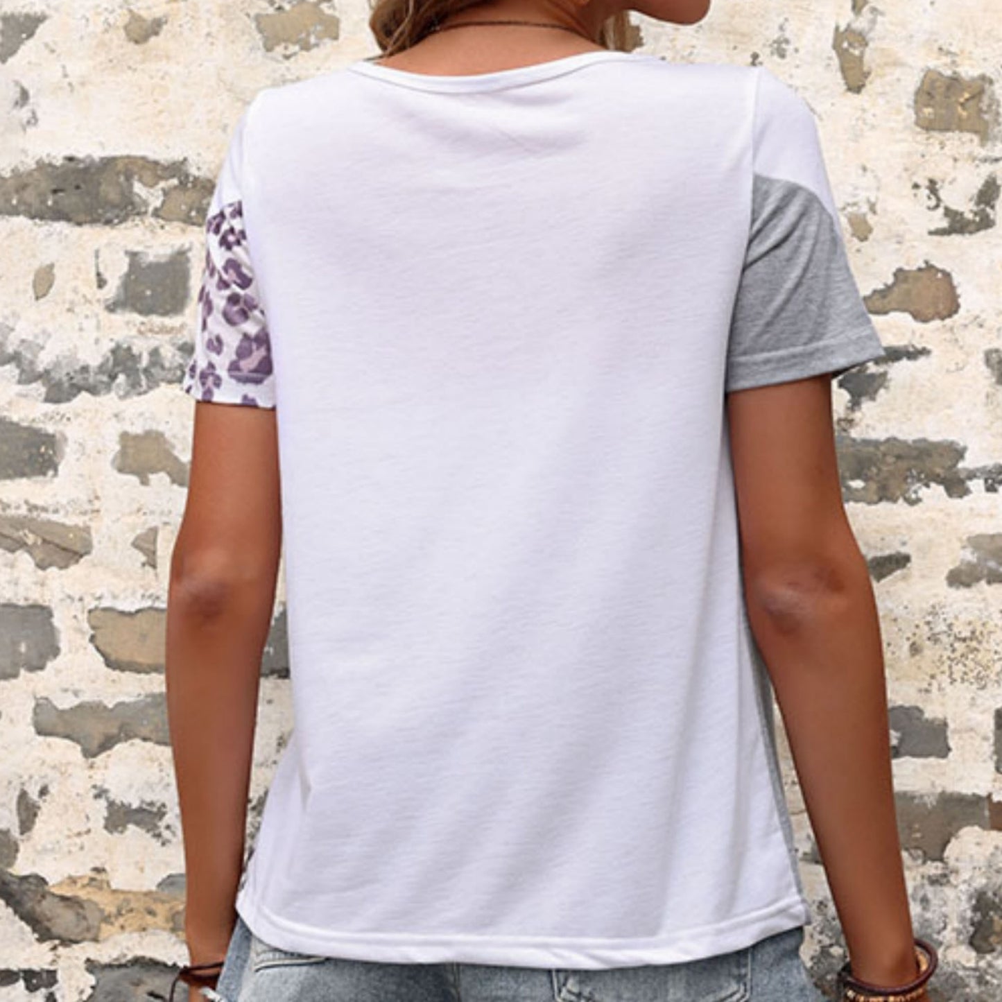 Anna-Kaci Women's Short Sleeve Color Block Leopard Print Patchwork Casual T-Shirt