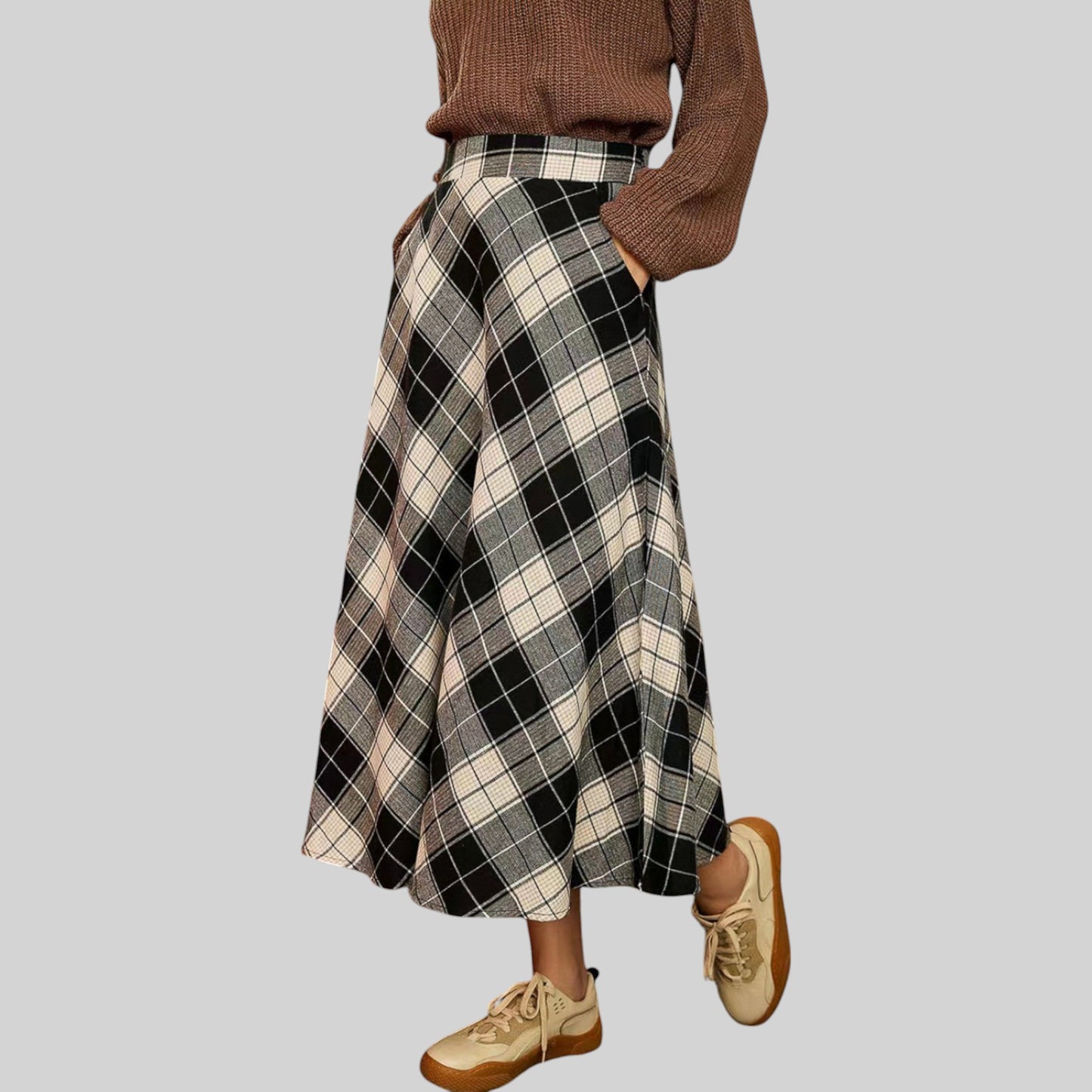 Anna-Kaci Women's Plaid A-Line Midi Skirt with High Waist