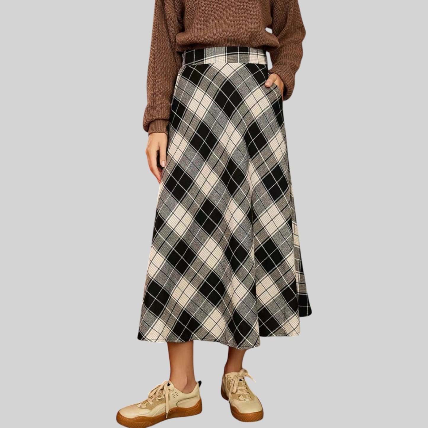 Anna-Kaci Women's Plaid A-Line Midi Skirt with High Waist
