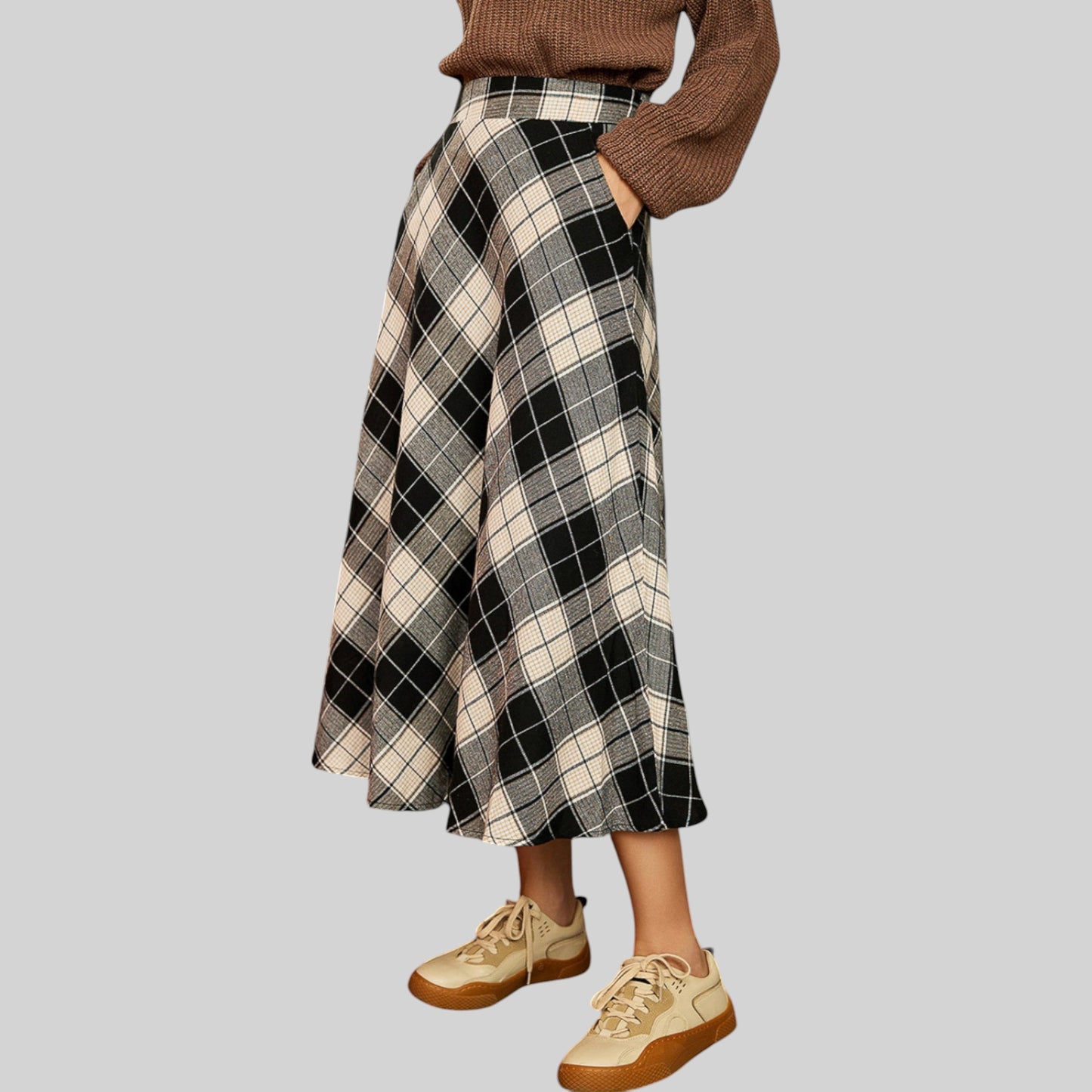 Anna-Kaci Women's Plaid A-Line Midi Skirt with High Waist