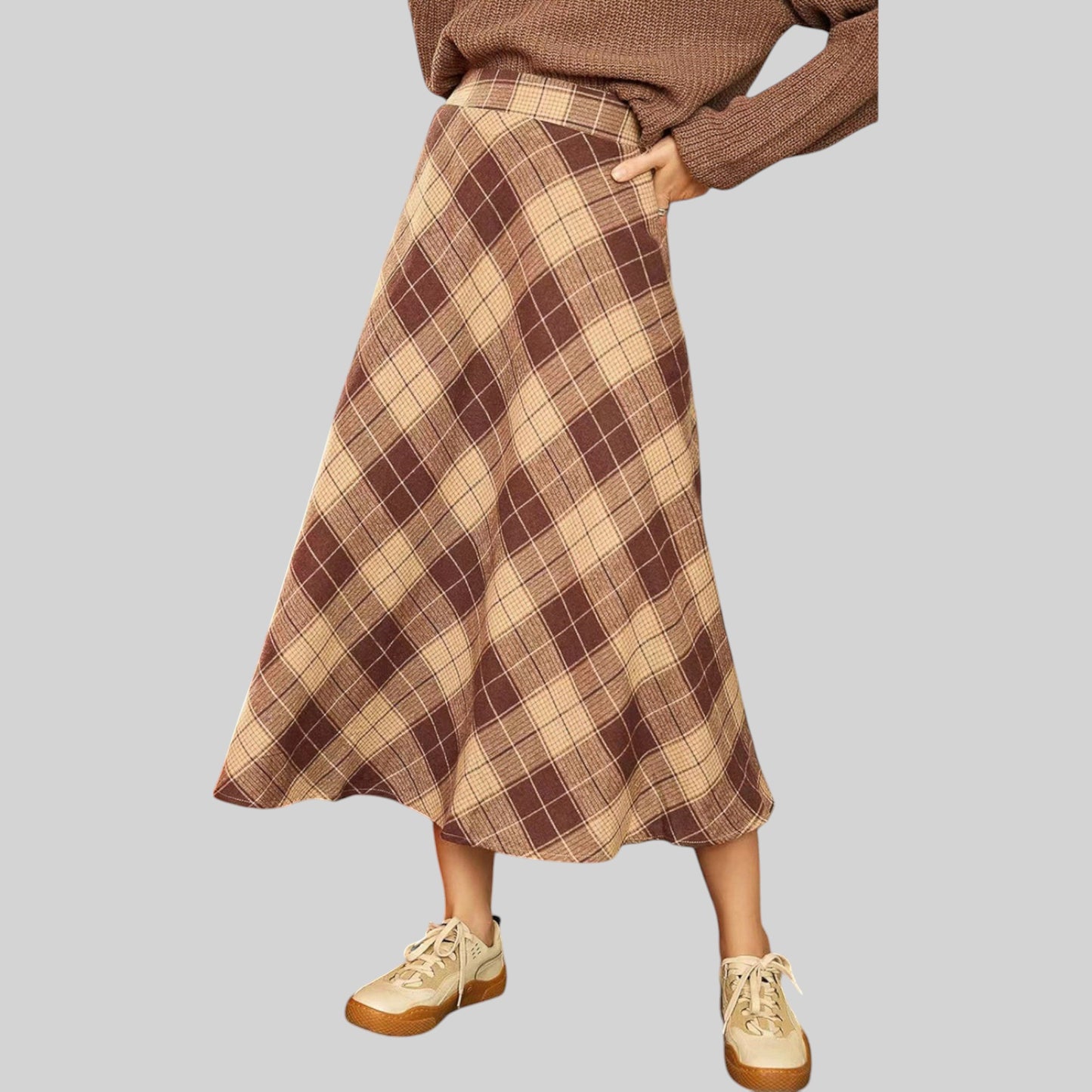 Anna-Kaci Women's Plaid A-Line Midi Skirt with High Waist