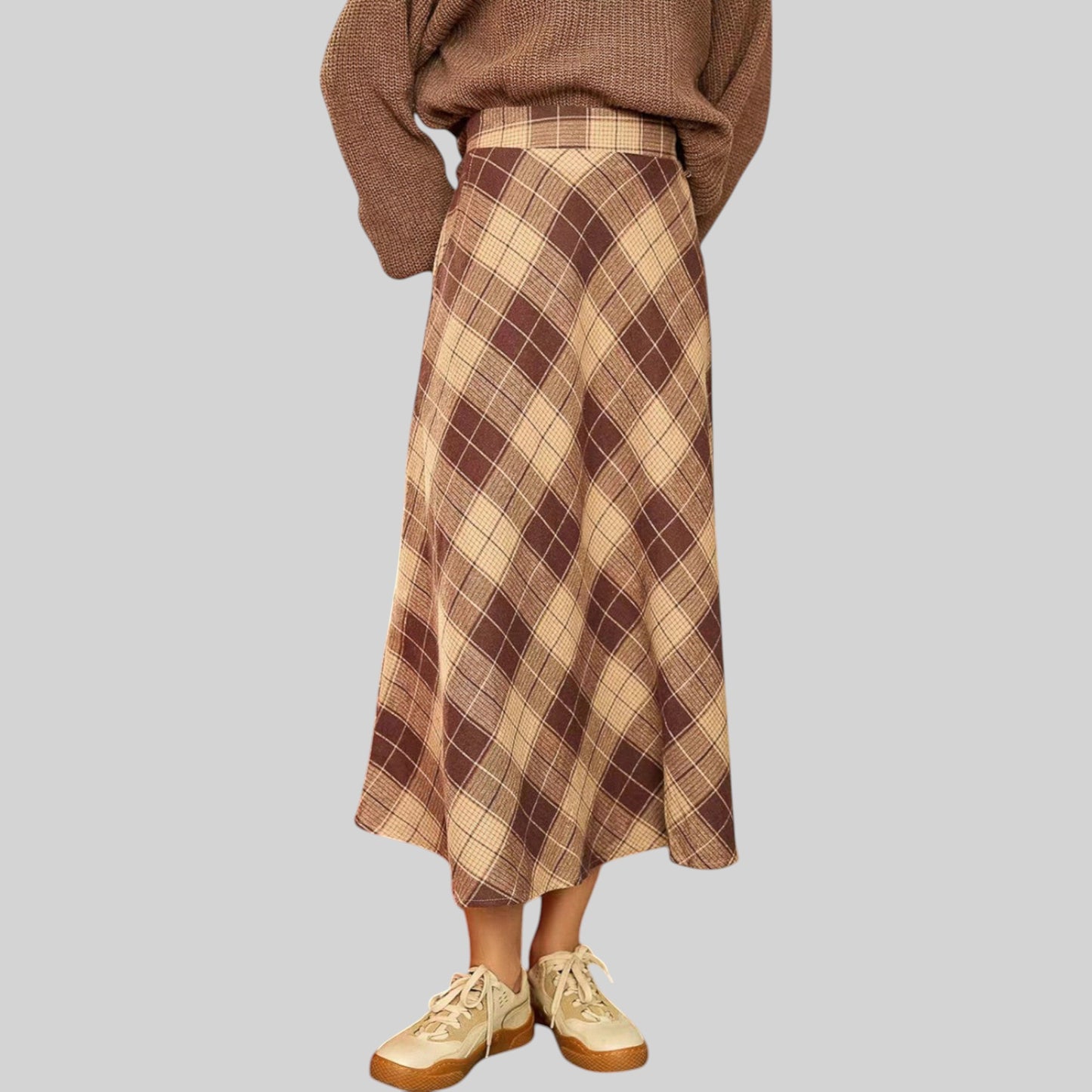 Anna-Kaci Women's Plaid A-Line Midi Skirt with High Waist